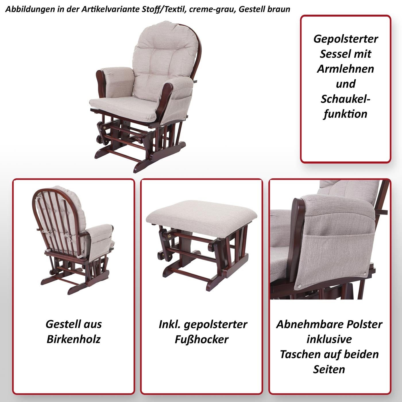 MCW Relaxsessel MCW-C76, Schaukelfunktion, Abnehmbare Polster, Seitentaschen, dicke Polsterung