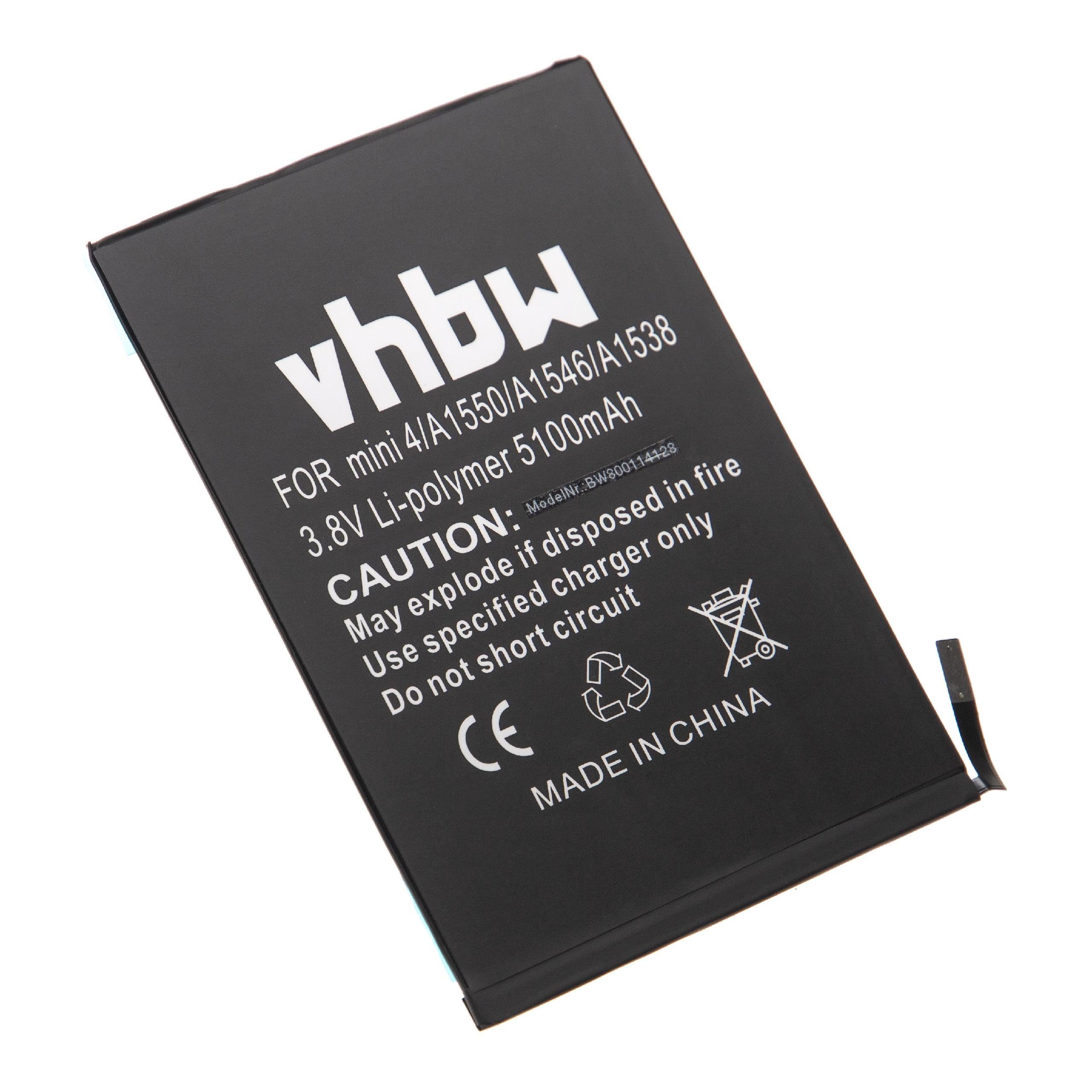 vhbw kompatibel mit Apple iPad A1550, mAh Li-Polymer 5100 A1538, A1546, Tablet-Akku 5,2, (3,8 Mini 4 V)
