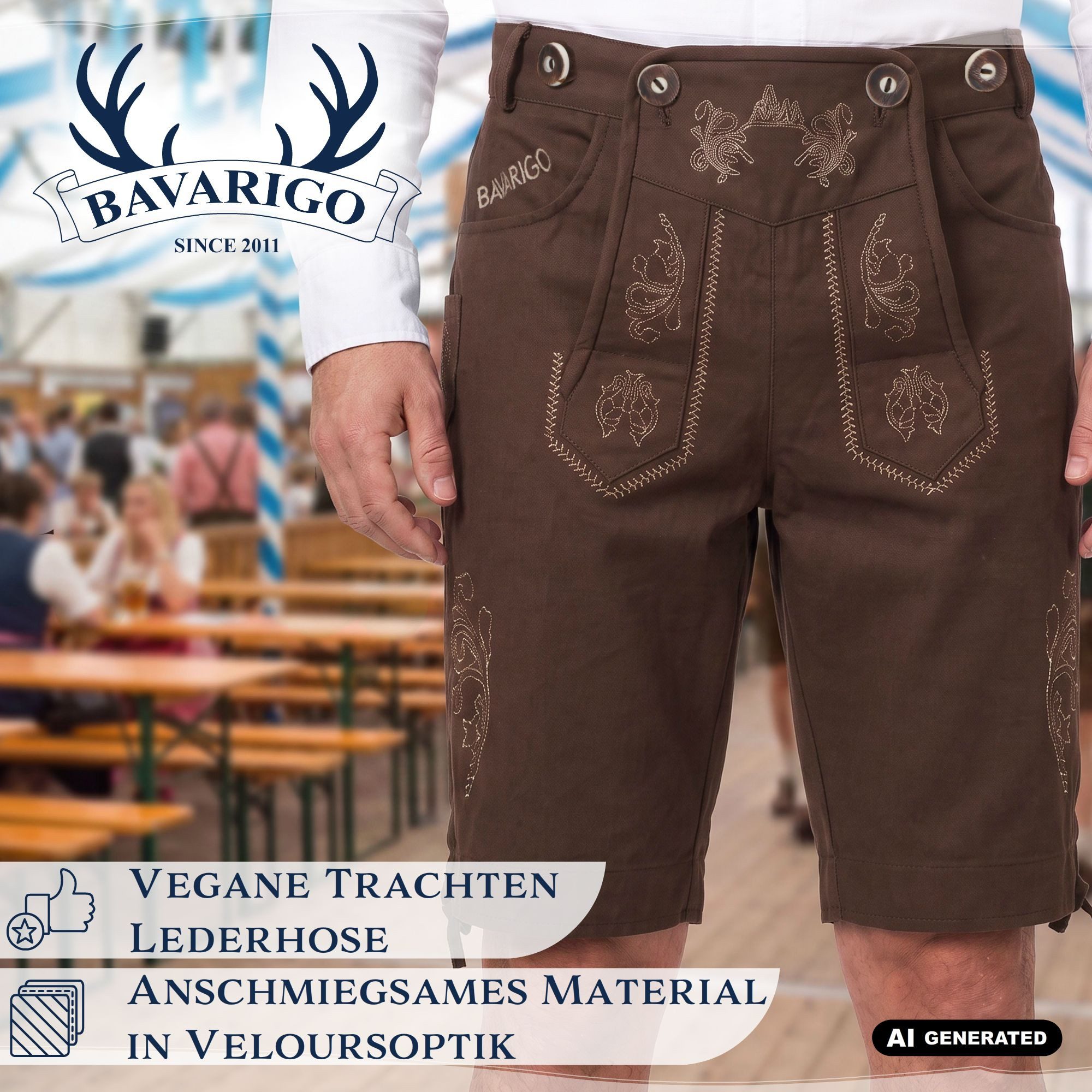 Bavarigo Trachtenhose ADRIAN Vegane Stretch Lederhose mit abnehmbaren Trägern mit traditioneller Stickerei - für Dein Oktoberfest Outfit – Bild 4 von 5