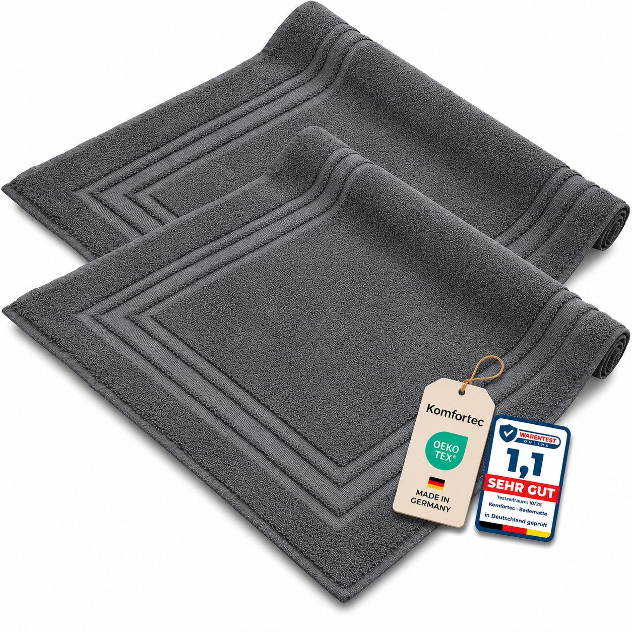 Komfortec Badematte 2er Badetuch Set aus 100% Baumwolle 50x70 cm Extra Weich & Saugstark, Rechteckig, 600 g/m²