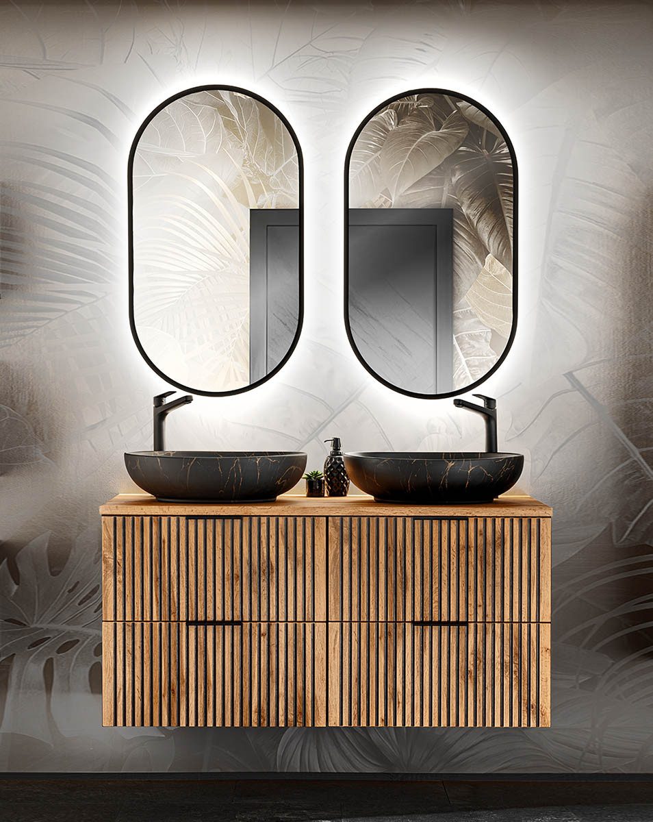 einfachgutemoebel Waschtisch-Set Bad Set 3-teilig TRIBUNE 120cm, Becken black, Schwarz - Wotan-Eiche, (Badmöbel Set, 1-St., Waschtisch SET 3-teilig)