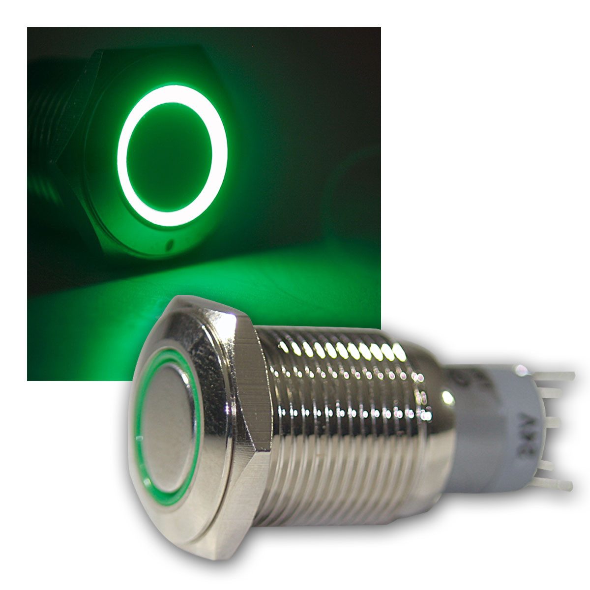 Blanko Schalter Druck-Schalter Metall, 230V/3A, Beleuchtung Grün