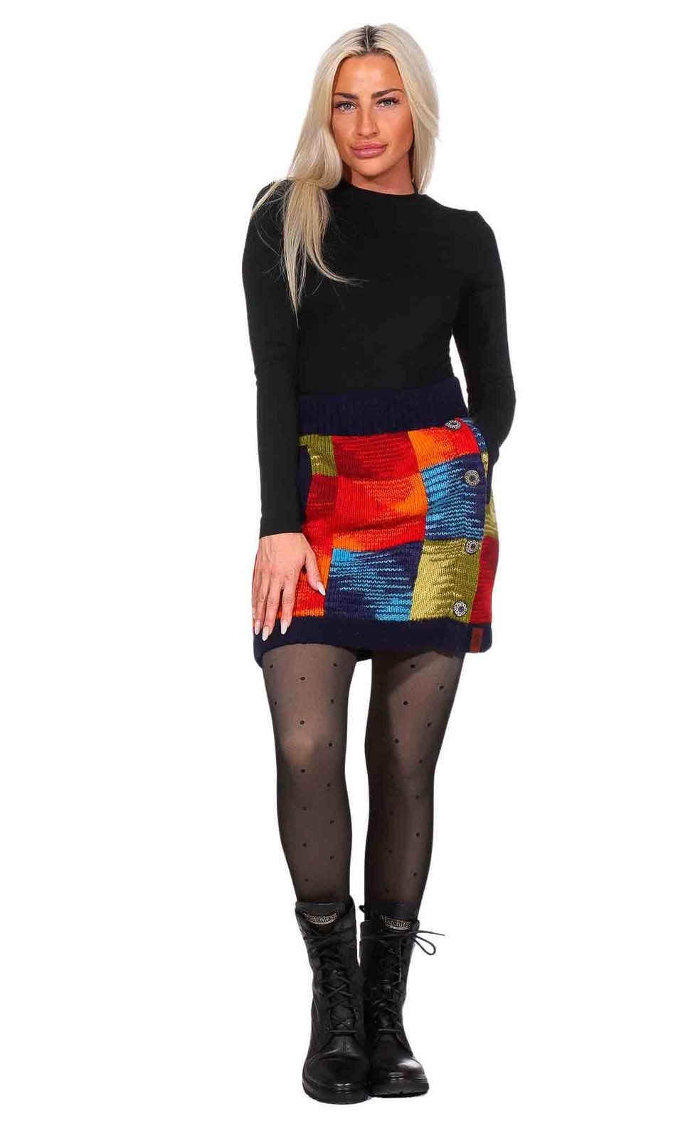 KUNST UND MAGIE Strickrock Bunter Patchwork Strickrock kurzer gefütterter Rock Wolle Boho