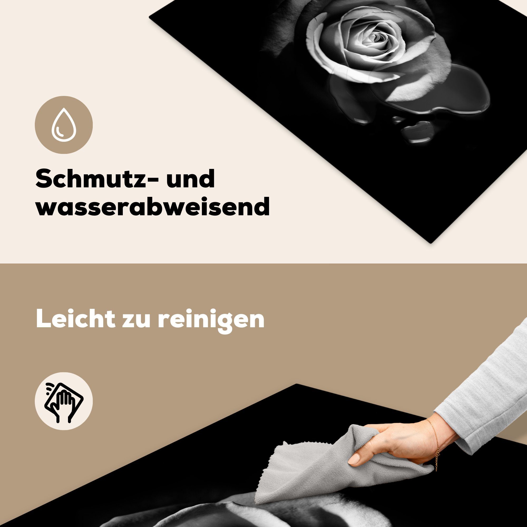 Botanisch, - die Induktionskochfeld küche, MuchoWow cm, Ceranfeldabdeckung für Schutz 81x52 Vinyl, Schwarz Weiß - (1 Rose - Blumen - Herdblende-/Abdeckplatte tlg),