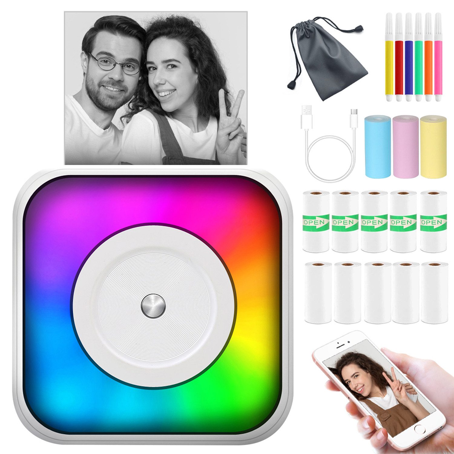 MOPUEA Mini-Thermodrucker Bluetooth Farbwechselnd Set mit 13 Rollen Papier Etikettendrucker, (Kein Tintenbedarf, 203 DPI, OCR, tragbar, langlebiger Akku)