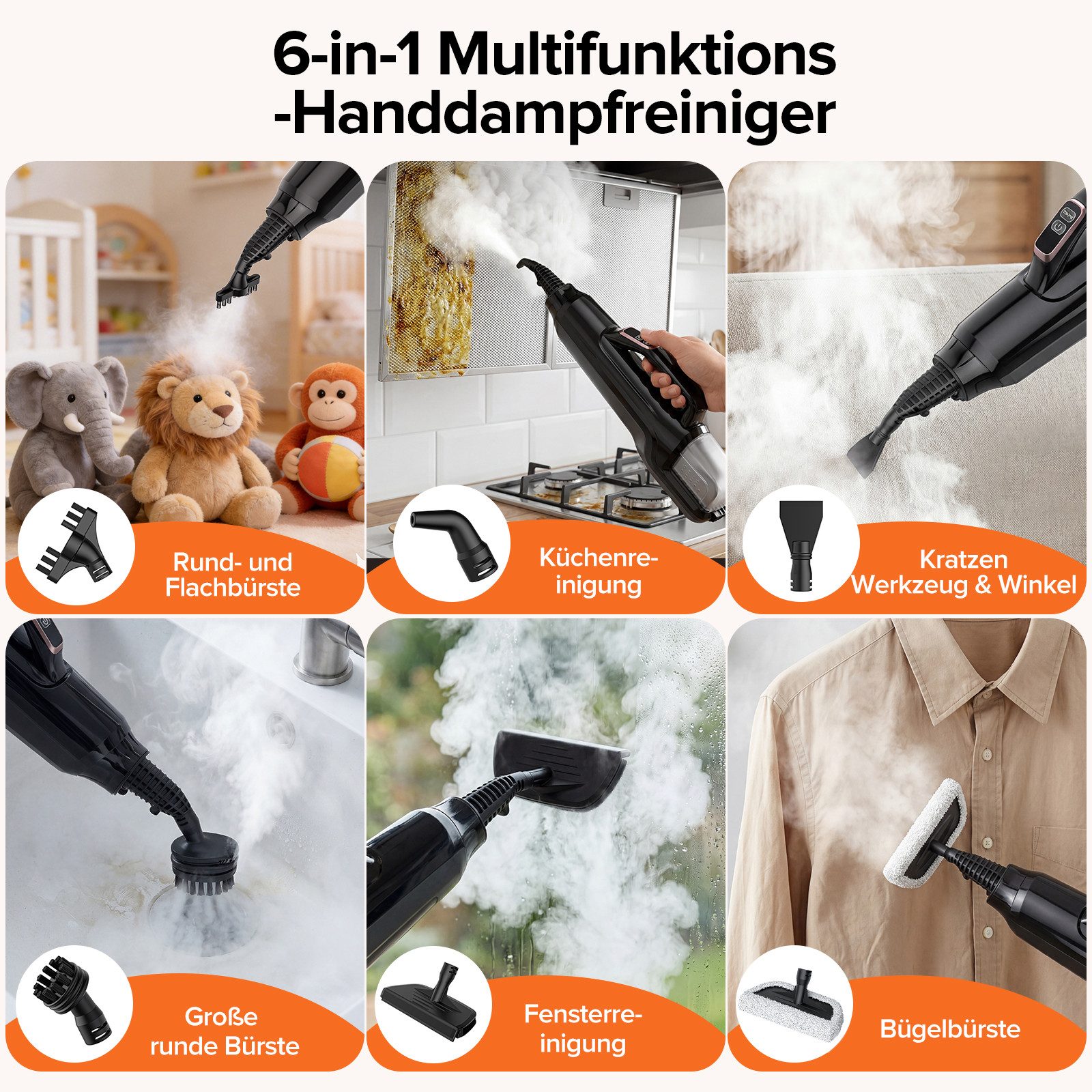 lubluelu Dampfreiniger JJ-SC-053A Dampfmopp Handdampfreiniger Reiniger Handgerät, 1380 W, beutellos, 6-in-1 rotierenden Pads,Freistehfunktion,für verschiedene Bodenarten