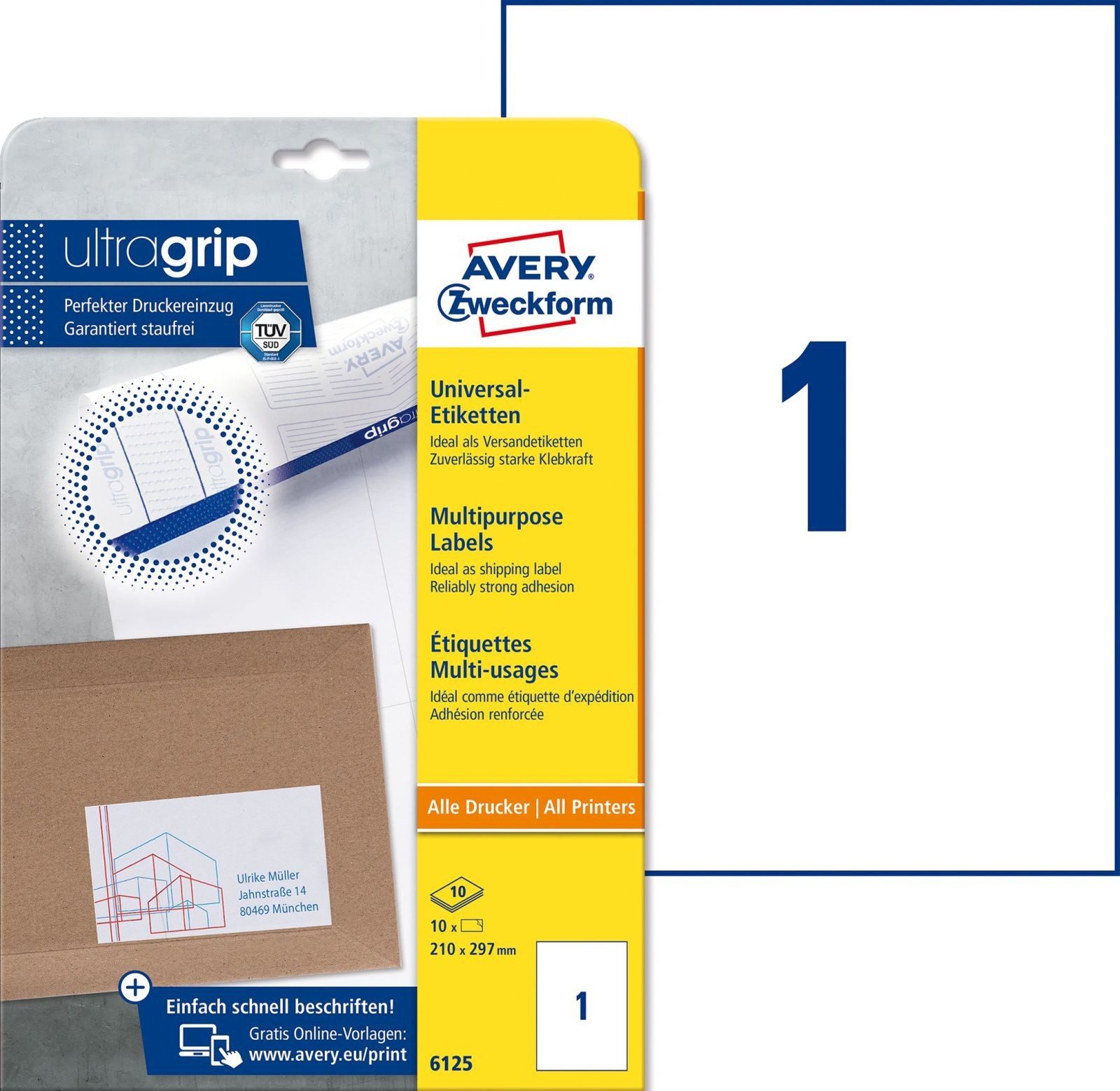 Avery Zweckform Etiketten Universal-Etiketten ultragrip 210x297 mm VE=10 Etiketten / 10 Bogen we