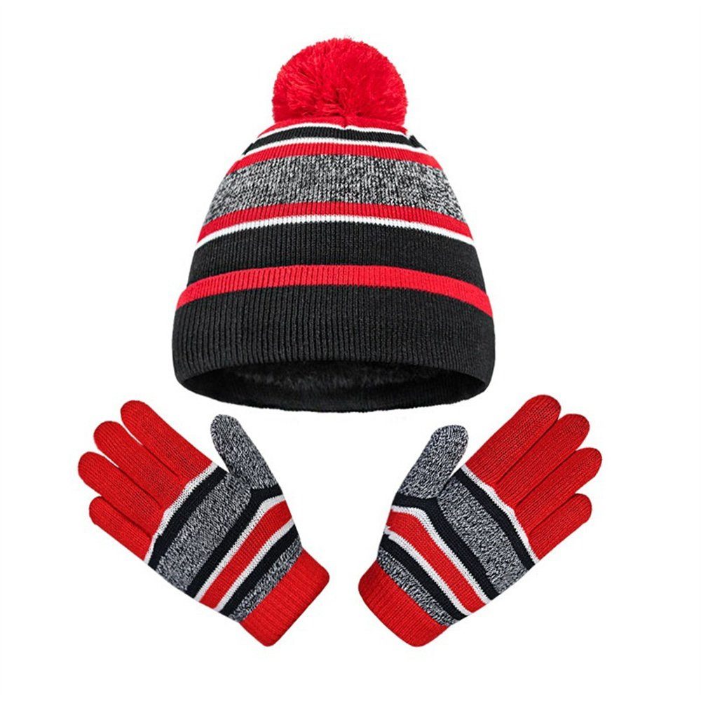 Bommelmütze Handschuhe im wattiertes Kindermütze Zweier-Set, Rouemi Winterset und Rot