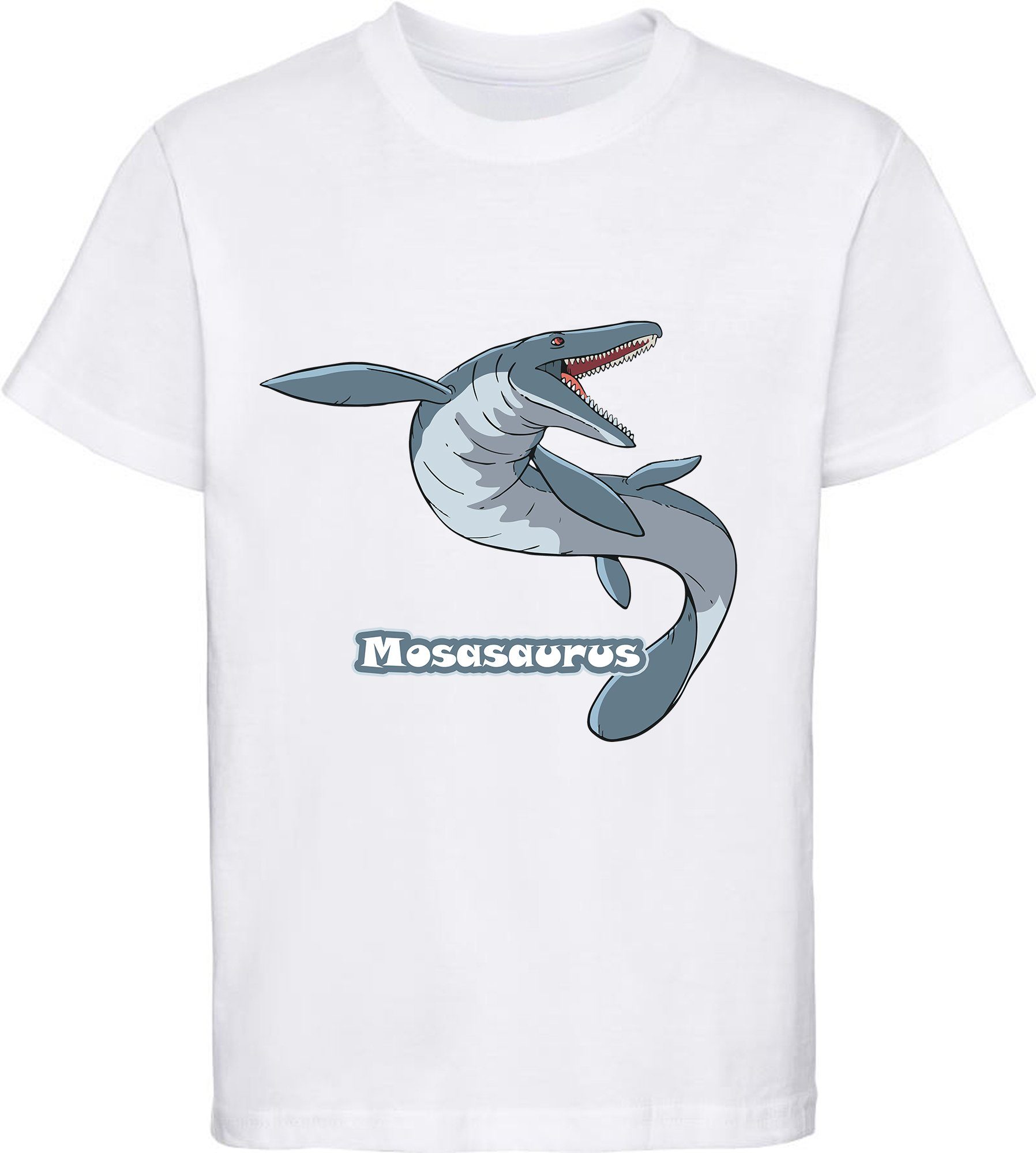MyDesign24 T-Shirt bedrucktes Kinder T-Shirt mit Mosasaurus 100% Baumwolle mit Dino Aufdruck, weiss i51