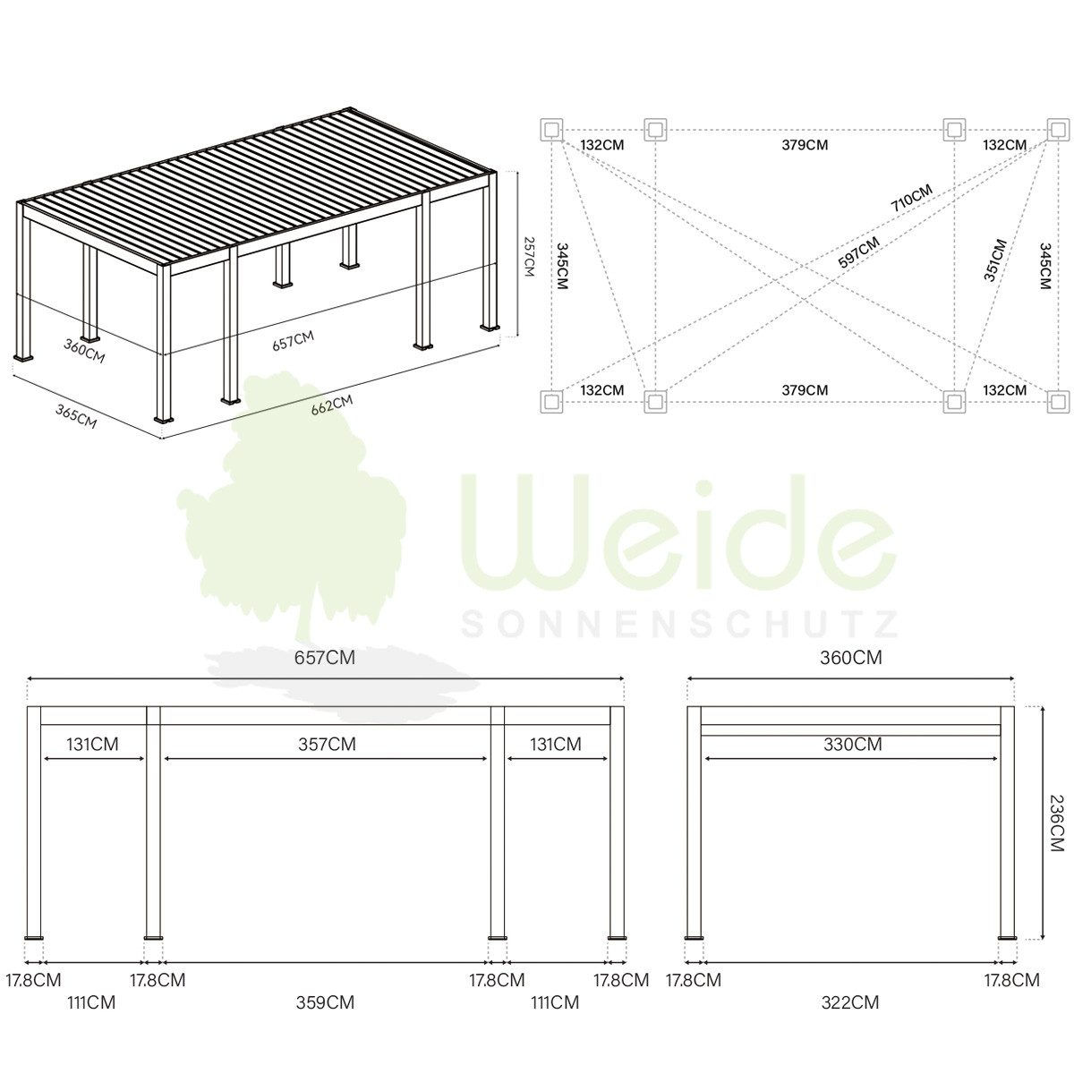 Weide Pergola Prestige Pavillon Alu LED 3,6 x 6,57 M