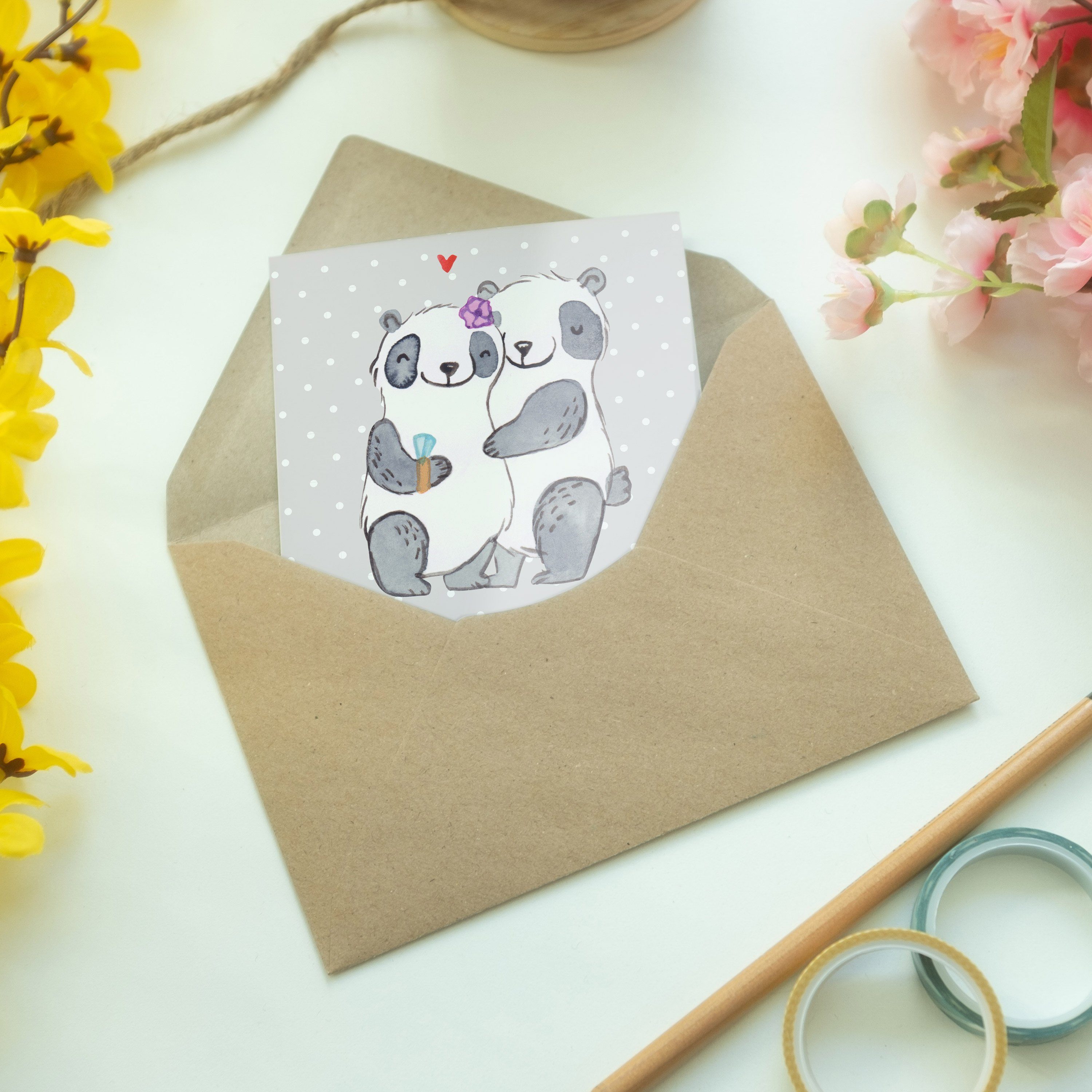Beste & Einladungska Panda Grußkarte Panda Welt Mrs. - Verlobte Mr. der - Geschenk, Grau Pastell