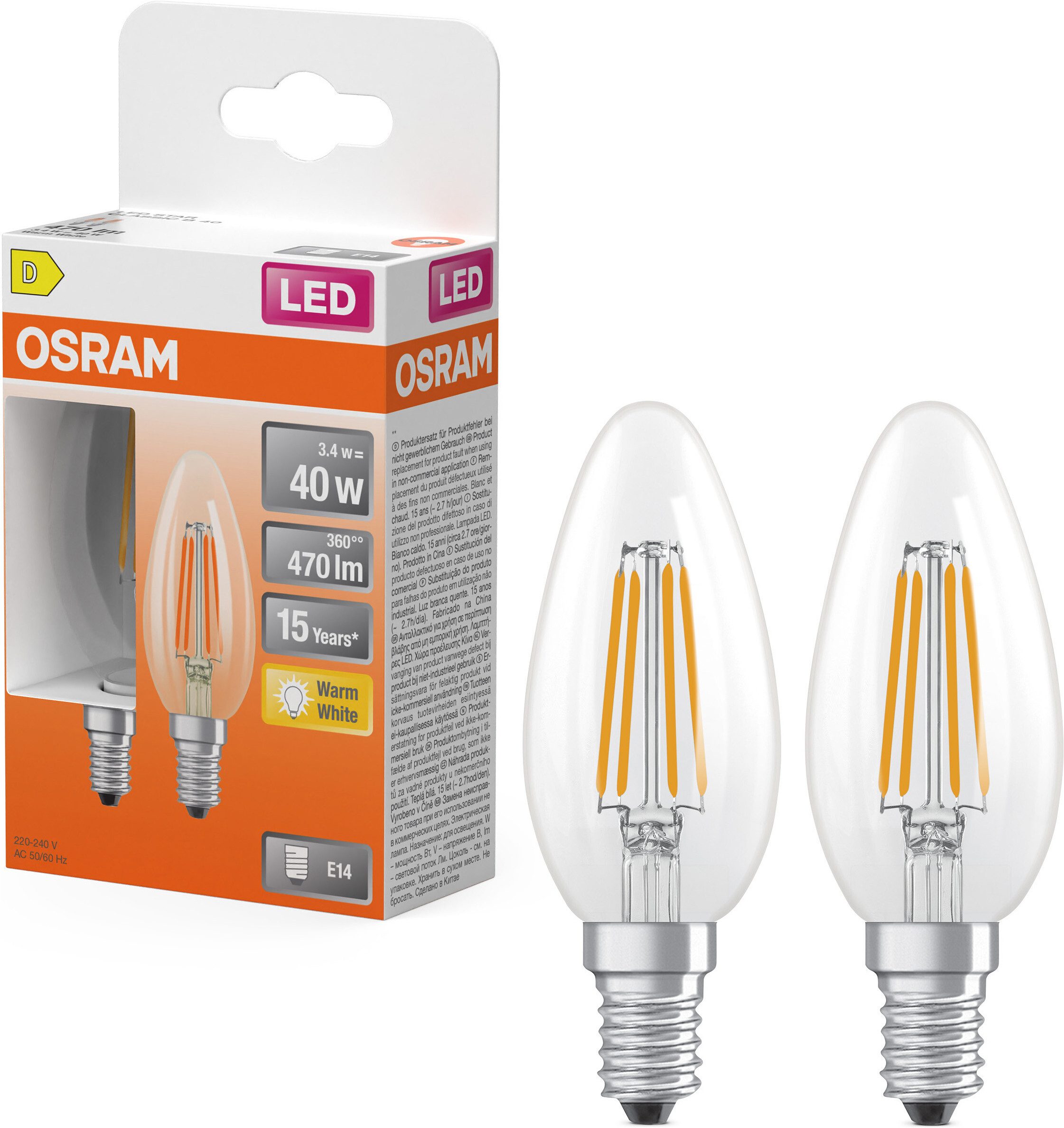 Osram LED-Leuchtmittel LED-Lampe Star Kerzenform B40, E14, 2 St., Warmweiß
