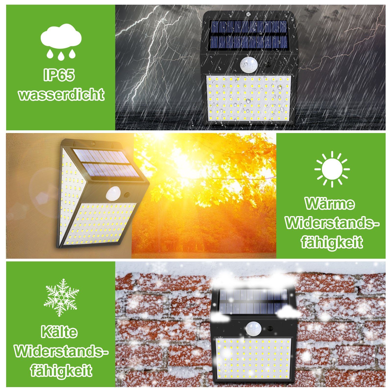 Rosnek LED Außen-Wandleuchte Solar, 170LEDs, für 300° Haustür Garten wasserdicht, Leuchtwinkel, weiß(6500K), Bewegungssensor, Deko Zaun