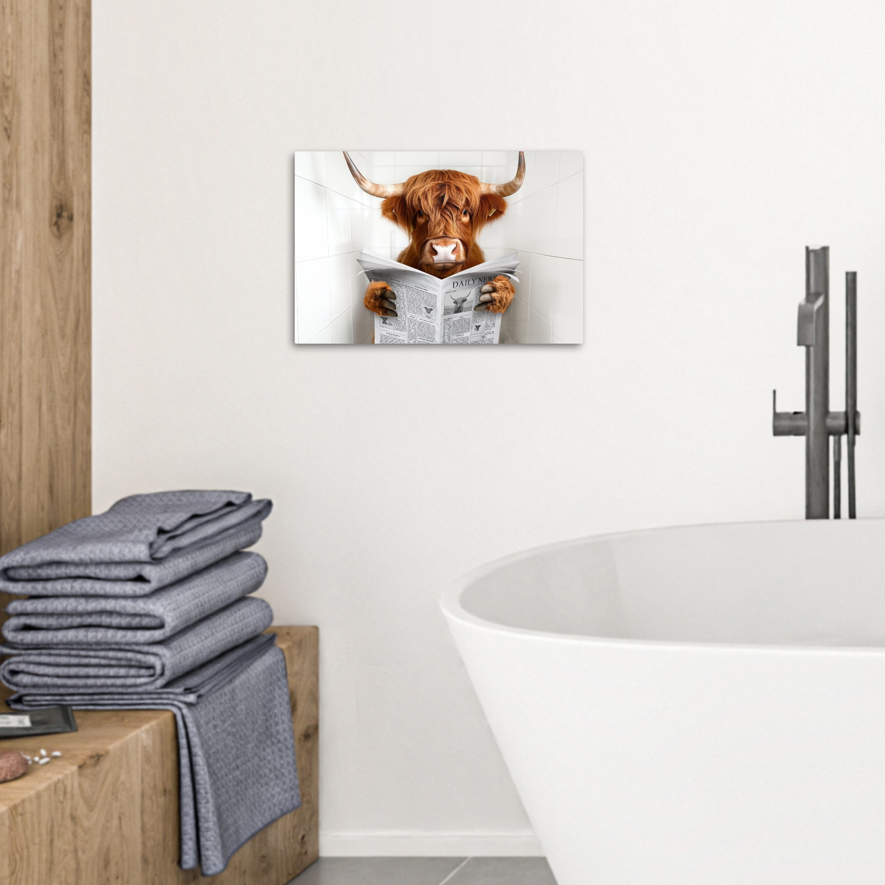 OneMillionCanvasses® Leinwandbild Hochlandbewohner - Tier - Zeitung - Toilette, Fotodruck (1 St), Bilder für Badezimmer, Bad und Toiletten Deko, Bild WC 30x20 c – Bild 3 von 5