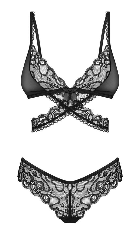Obsessive Set: Bügelloser BH Blomentis Set: BH und Slip aus transparenter Spitze - schwarz (2-tlg) Opulente Spitze und feiner Stretchtüll