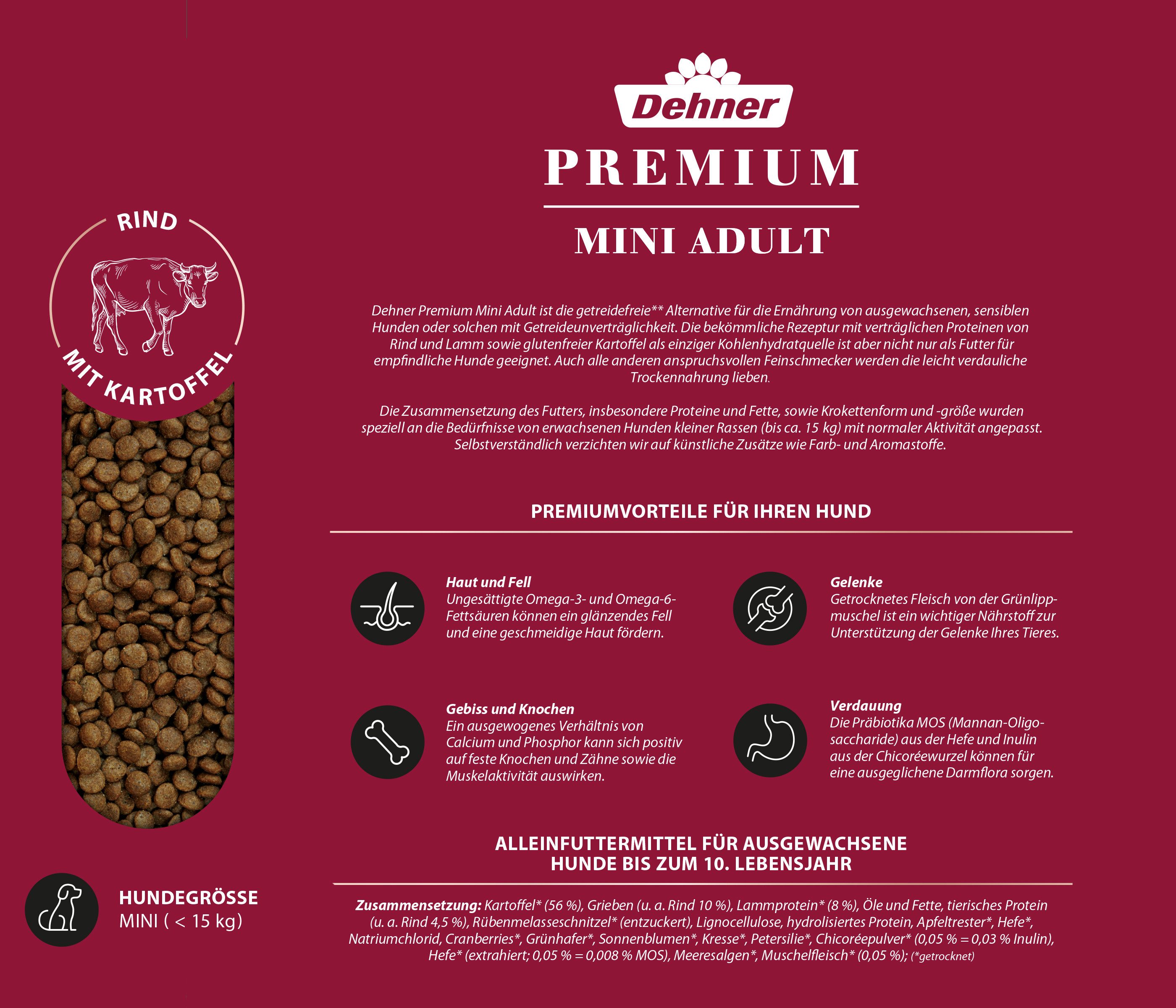 Dehner Premium Mini Adult Rind / Lamm / Kartoffel, 4 kg / 8 kg, getreidefrei Rind, Trockenfutter für: Hunde, Trockenfutter für ausgewachsene Hunde kleiner Rassen