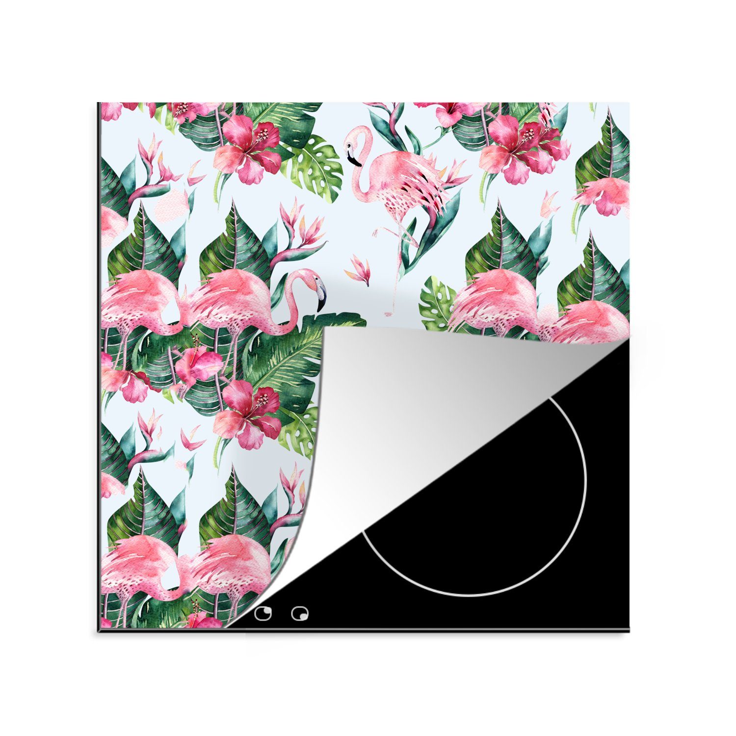 - Ceranfeldabdeckung, (1 Vinyl, - Blumen Herdblende-/Abdeckplatte MuchoWow für tlg), 78x78 Blätter Flamingo cm, küche - Arbeitsplatte Muster,