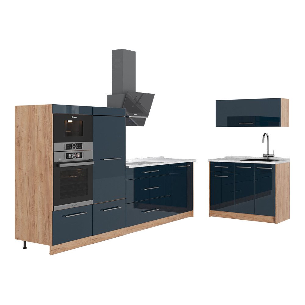 Vicco Küchenzeile Fame-Line, Dunkelblau Hochglanz/Goldkraft Eiche, 380 cm, AP Marmor