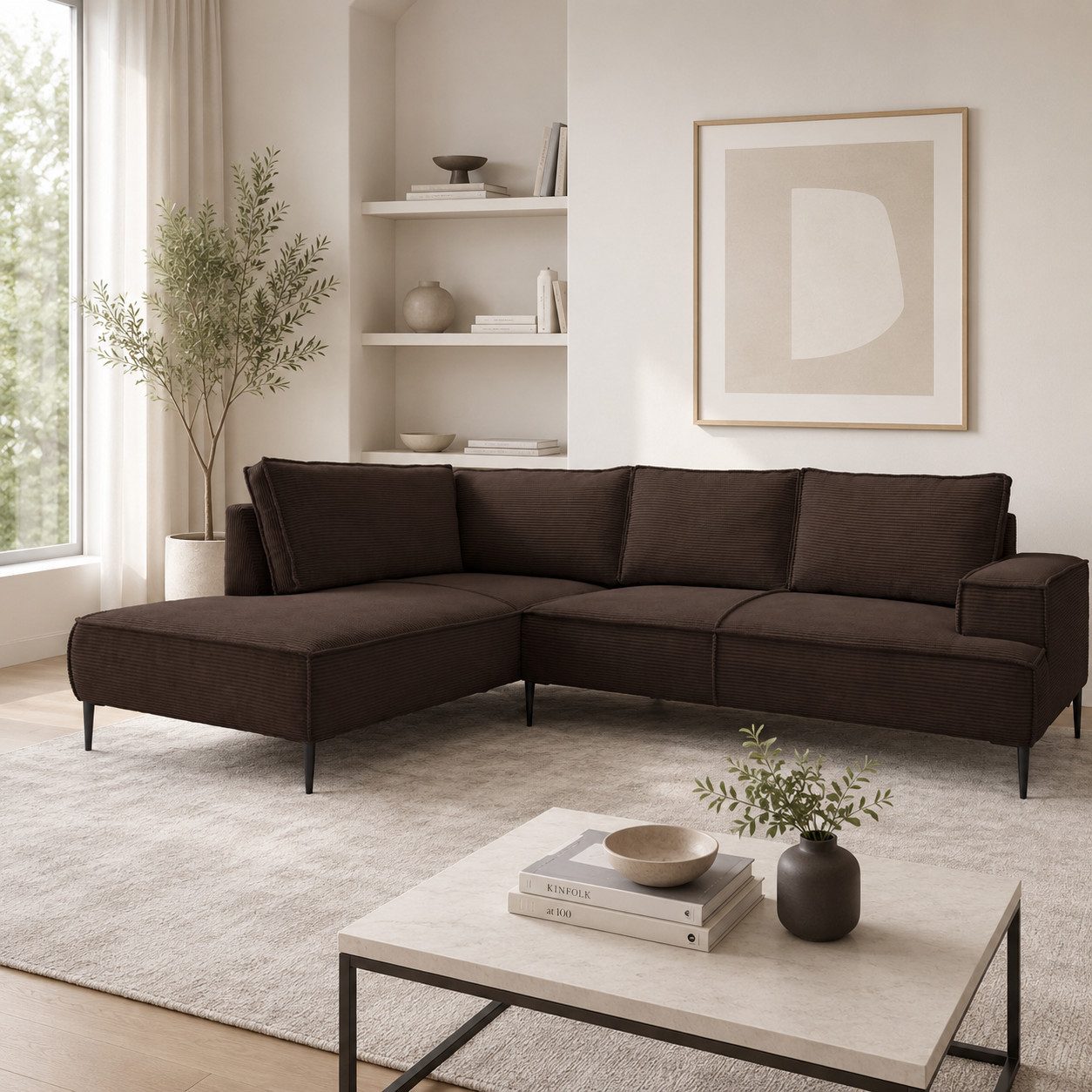 Goldstoff Ecksofa Cord VESPA L Beige – großes Wohnlandschaft Sofa L-Form, Großzügige Sitzfläche