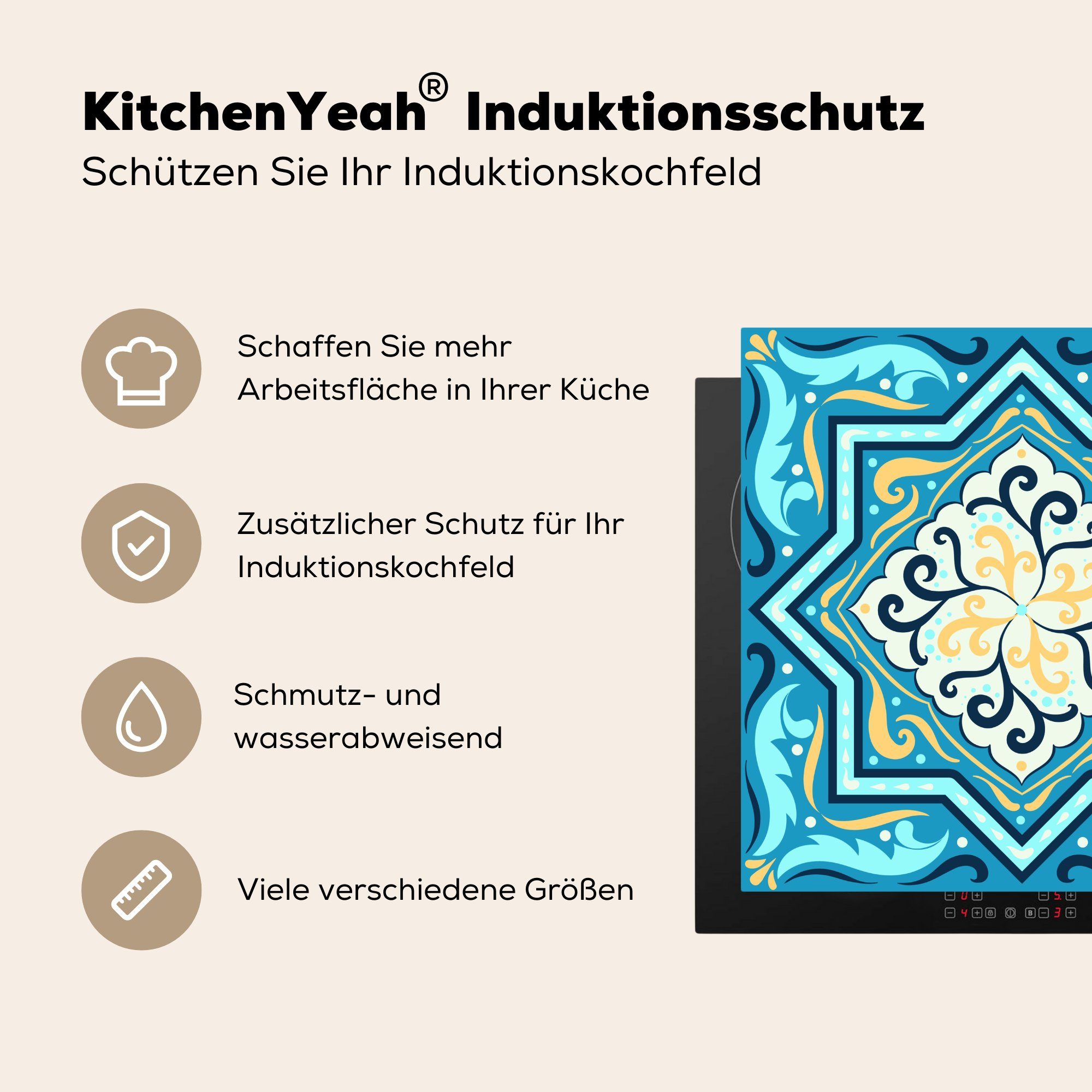 MuchoWow Herdblende-/Abdeckplatte Formen - (1 küche tlg), Ceranfeldabdeckung, cm, Gelb, Vinyl, - für Arbeitsplatte Blau 78x78