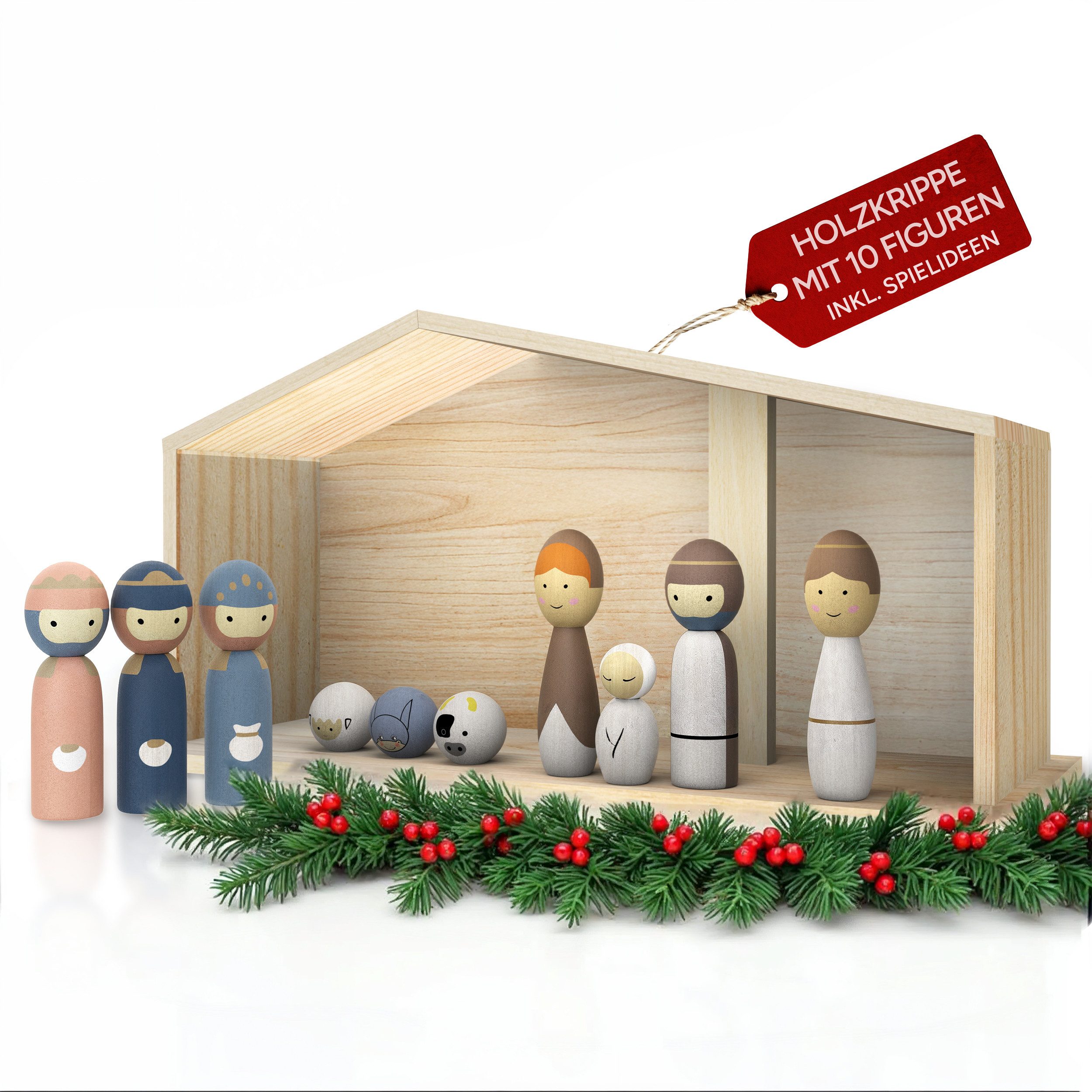 Eli Krippe Weihnachtskrippe aus Holz für Kinder inkl. Krippenfiguren - Tiere (11-tlg), und Spielanleitung - Kinderkrippe - Holzkrippe Jungen - Mädchen
