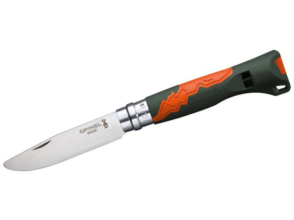 Opinel Taschenmesser Opinel No 07 OUTDOOR JUNIOR grün/orange inkl. Etui, (mit passendem Messer-Etui, Kinder-Schnitzmesser mit abgerundeter Klingenspitze), „Mein erstes Schnitzmesser von Opinel“