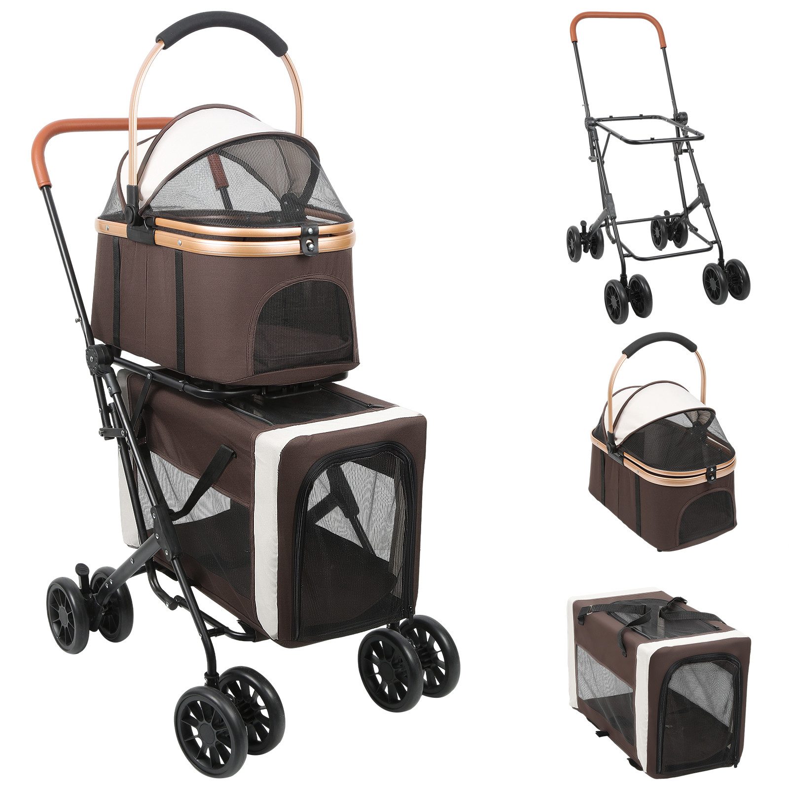 JEOBEST Hundebuggy Doppelkorb-Hundewagen, Haustierwagen, Haustier Transportwagen, (Faltbarer, Abnehmbaren, 360° Lenkräder + Fußbremse)Belüftungsnetz