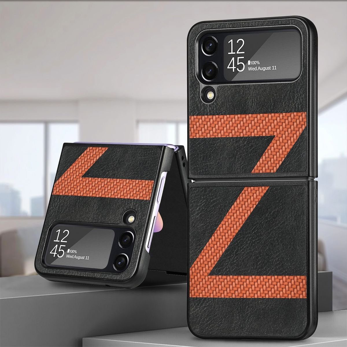 Wigento Handyhülle Für Samsung Galaxy Z Flip4 5G Kunstleder / Kunststoff Z-Muster Struktur Handy Tasche Hülle Etuis Schwarz