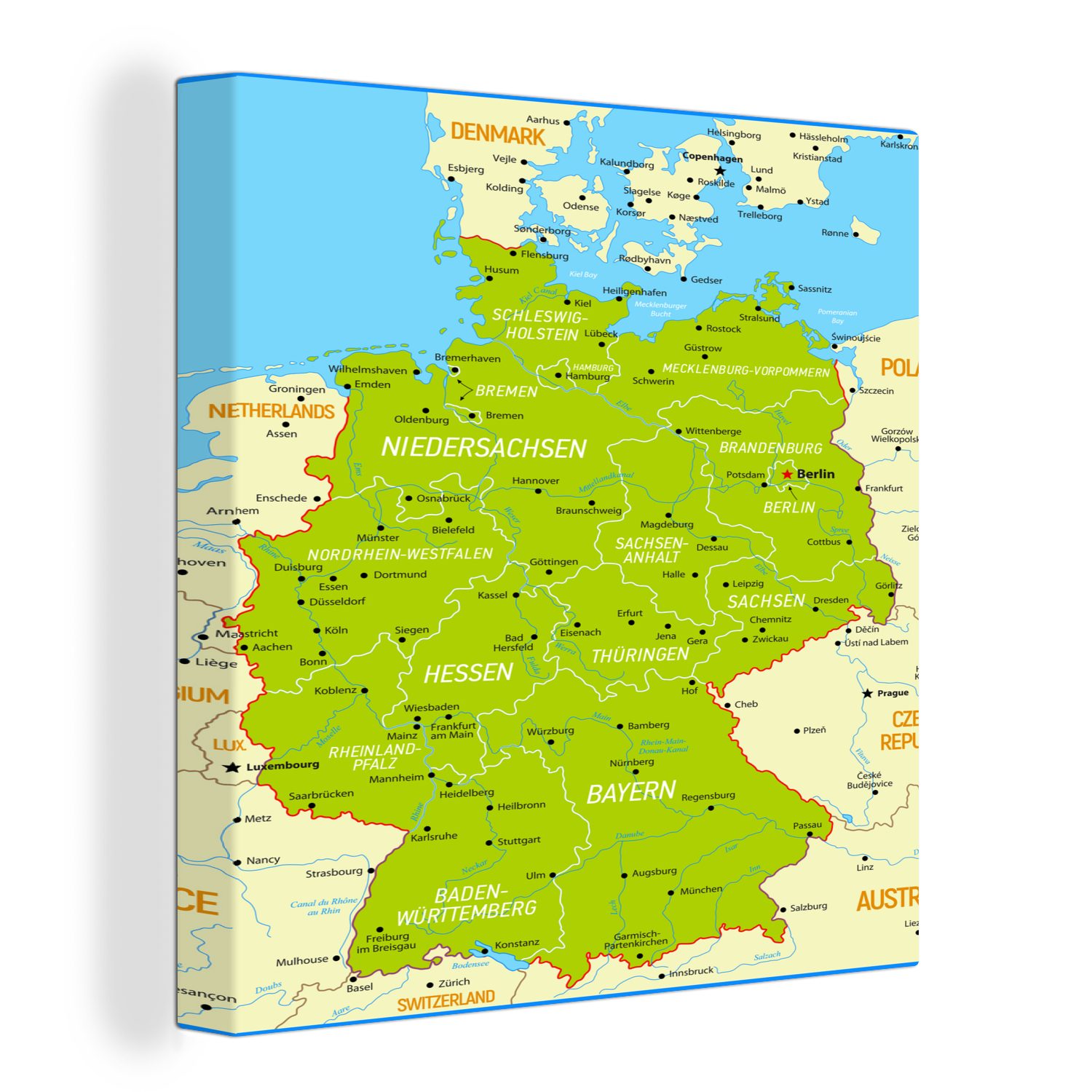 OneMillionCanvasses® Leinwandbild Bunte Deutschlandkarte, Fotodruck (1 St), Wandbild, Deko Schlafzimmer Wohnzimmer Flur 20x20 cm