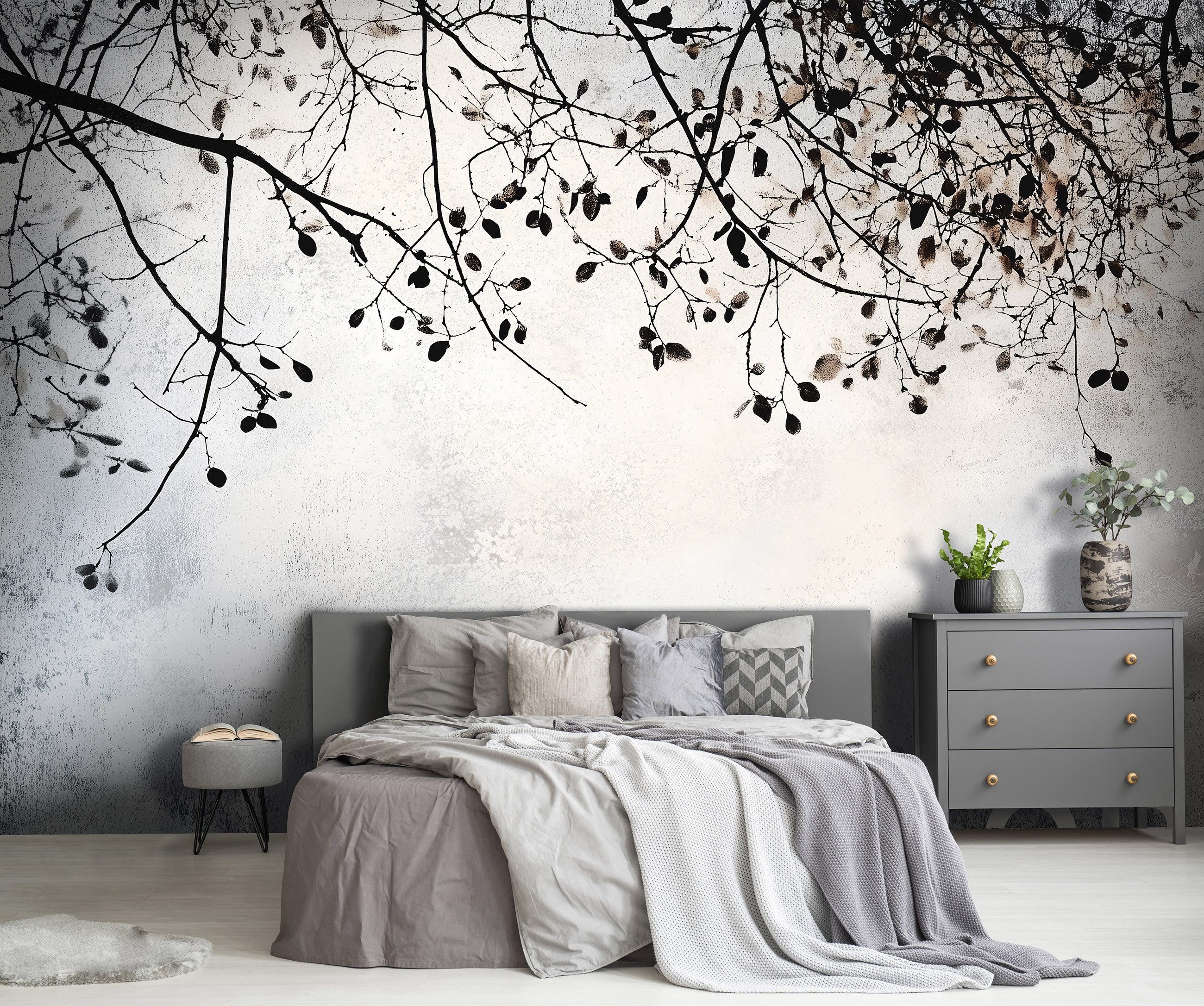Wallarena Fototapete Vlies Zweige Bäume Beton Grau Schlafzimmer, Wohnzimmer 400x280 cm, glatt, 400 x 280 cm