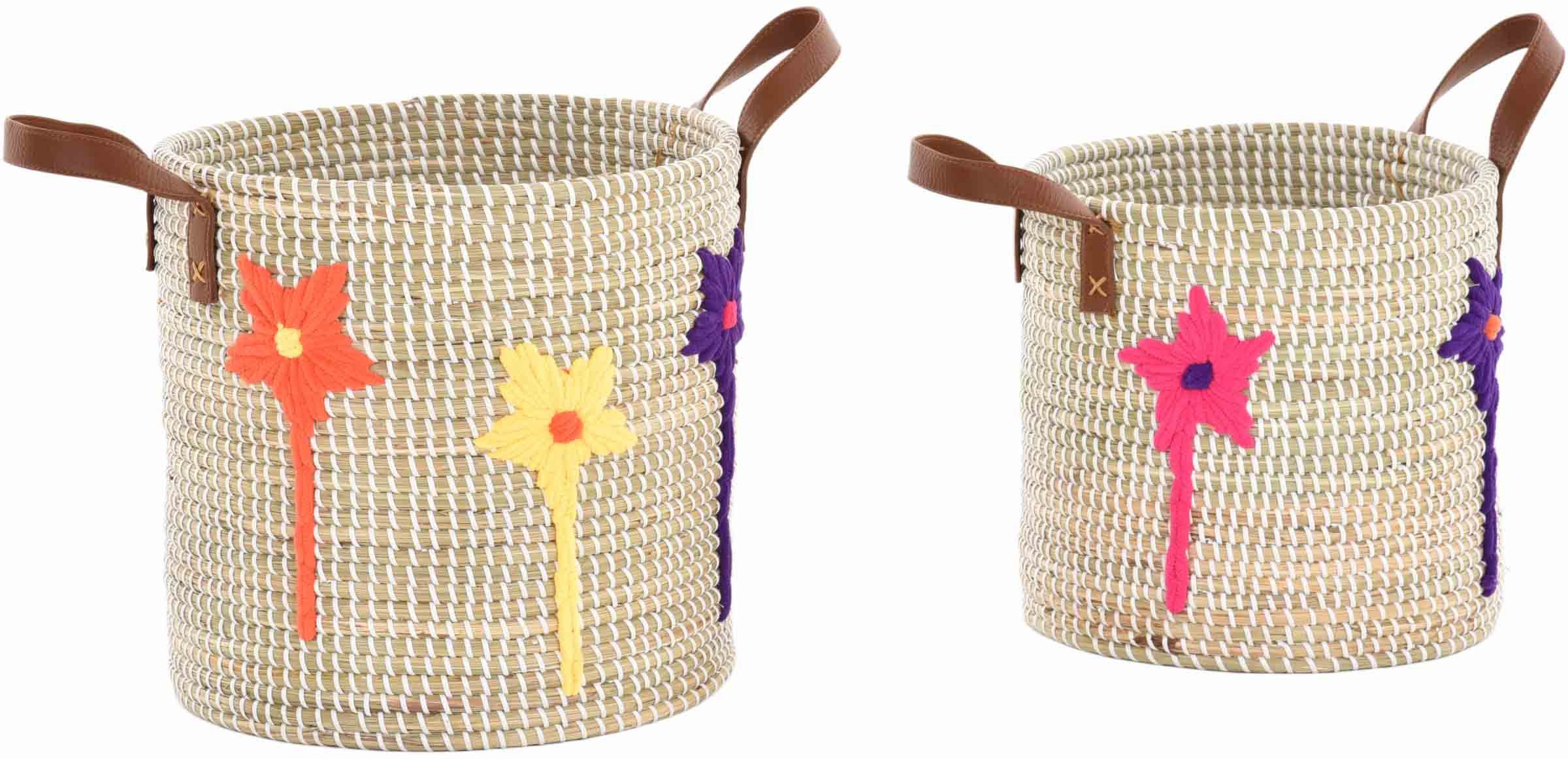 Krines Home Flechtkorb Handgearbeiteter Seegras Dekokorb mit Blumenmuster zur Aufbewahrung (2 St., und 2 Stück), Flechtkorb Korb Natur Rund mit weißen Wicklungen