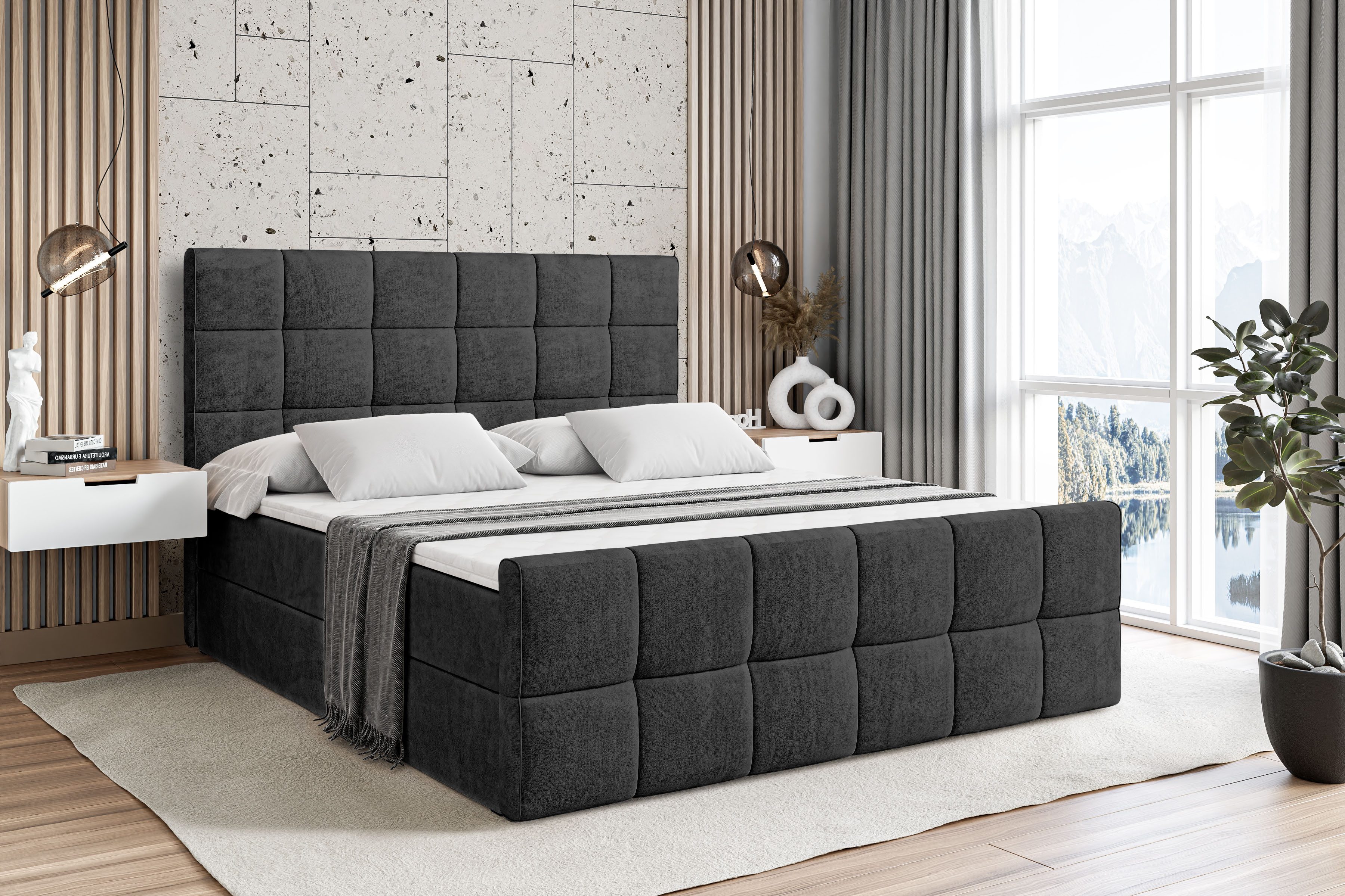 ALTDECOR Boxbett APO-Z (mit Matratze Lattenrost Topper Polsterbett mit Bettkasten Doppelbett), H4 Multipocket / H3 Bonellfederung, Springboxbett Boxspringbett