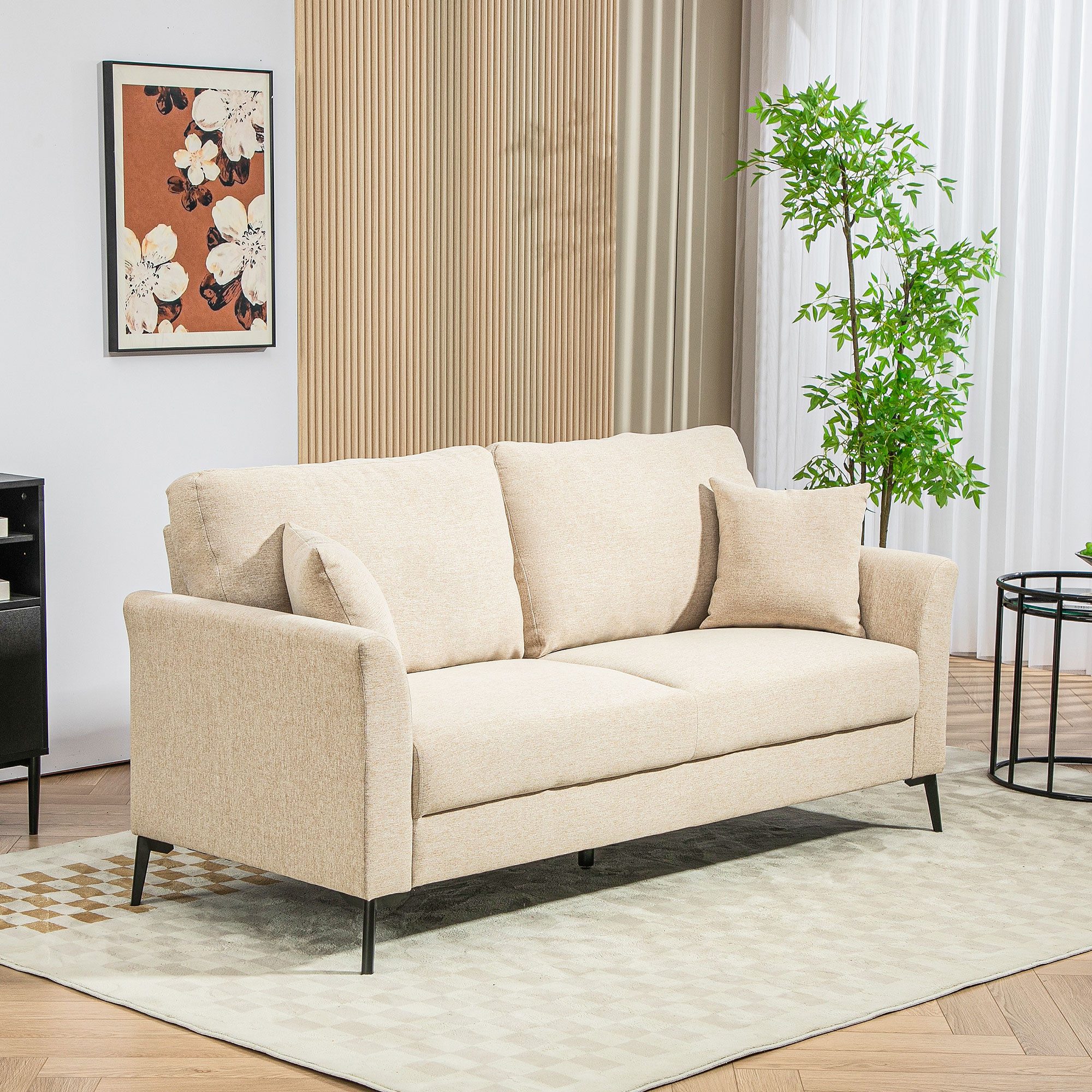 HOMCOM 2-Sitzer Sofa, Couch, Polstersofa mit Leinenoptik, Metallbeine, Doppelsofa 1 Teile, für Wohnzimmer, Schlafzimmer, 117 x 80 x 89 cm, Beige