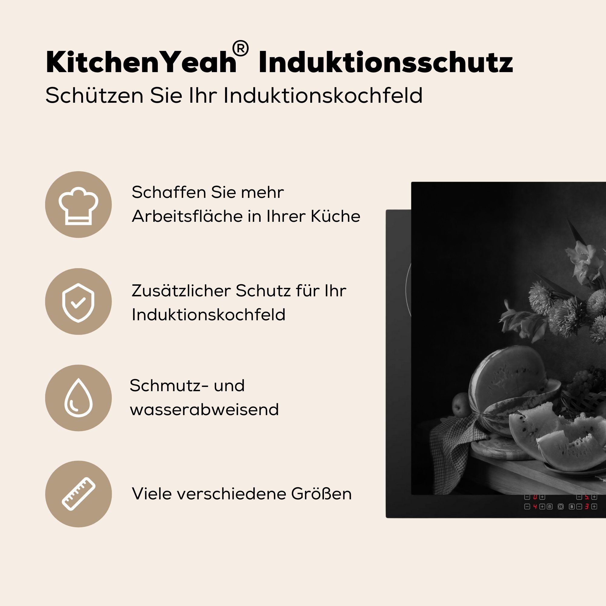 Vinyl, Schwarz Weiß, (1 - cm, Obst Stilleben - MuchoWow für 59x52 Herdblende-/Abdeckplatte die Ceranfeldabdeckung küche, tlg), - Induktionsmatte