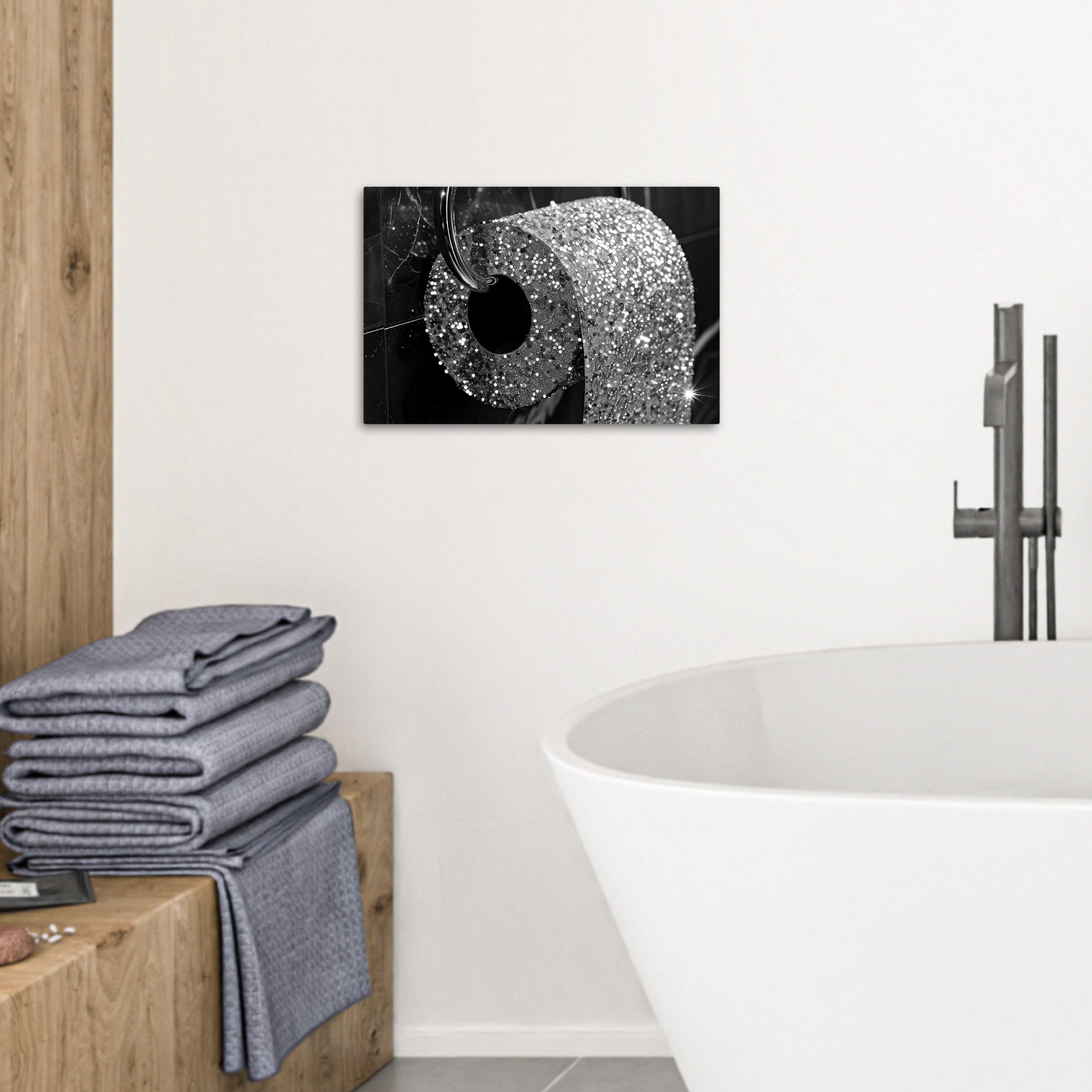 OneMillionCanvasses® Leinwandbild Toilette - Toilettenpapier - Schwarz und weiß - Glitzer, Fotodruck (1 St), Bilder für Badezimmer, Bad und Toiletten Deko, Bild WC 30x20 cm