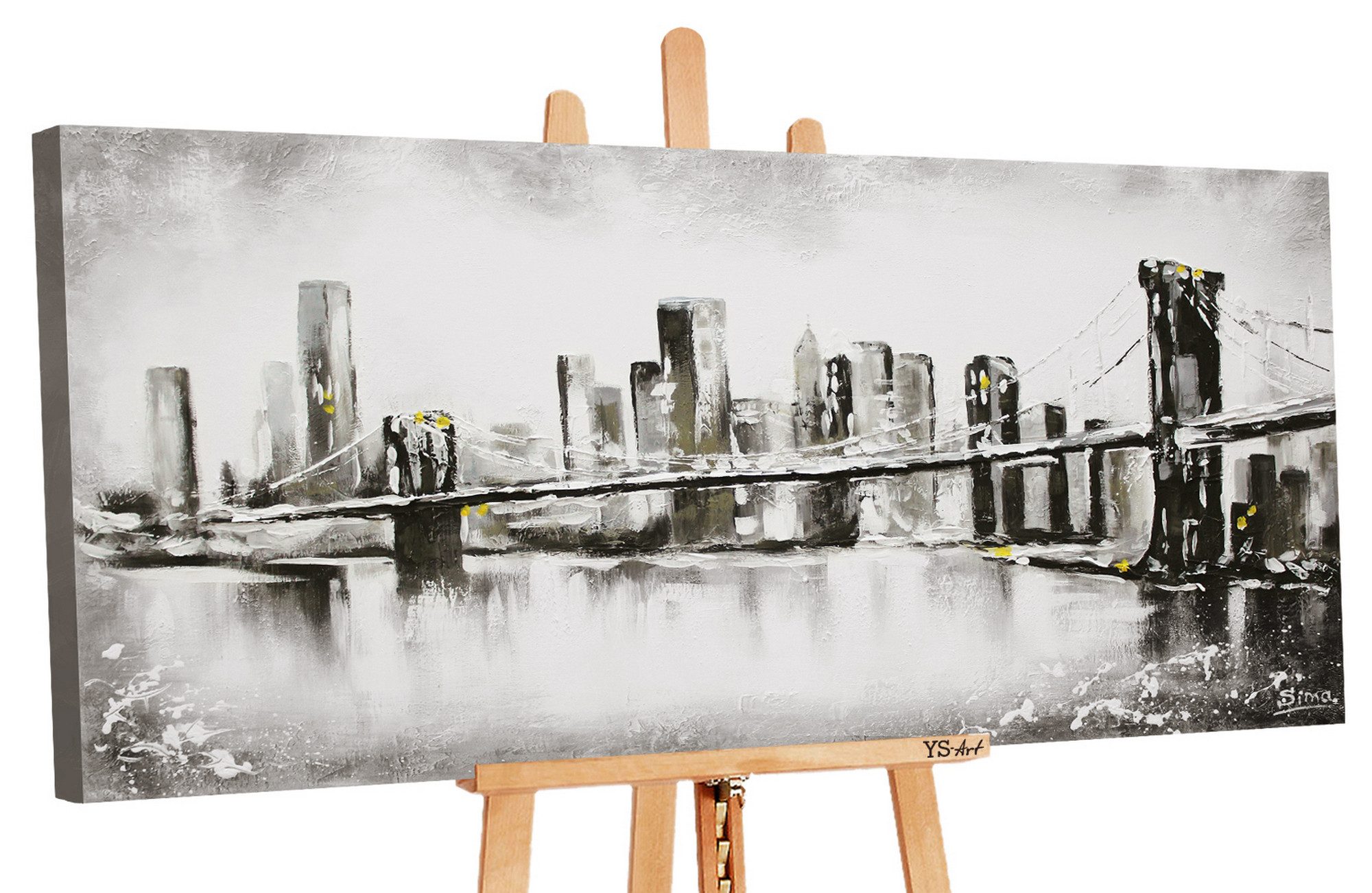 YS-Art Gemälde Großstadt, Städte, Leinwand Bild Handgemalt Schwarz Weiß Großstadt Brücke