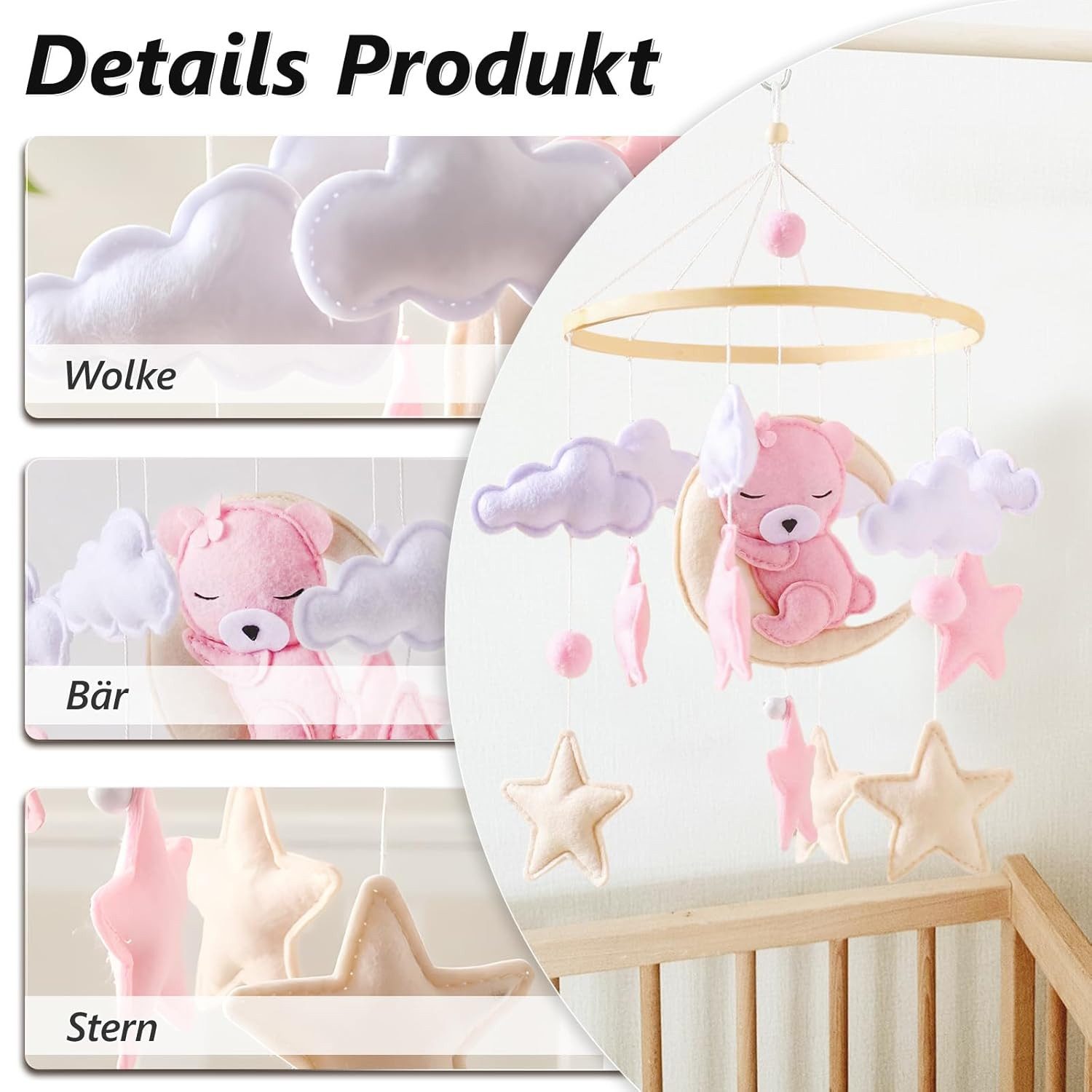 Coonoor Mobile Baby mit Holzring und süßen Tierchen für Babybett Jungen und Mädchen