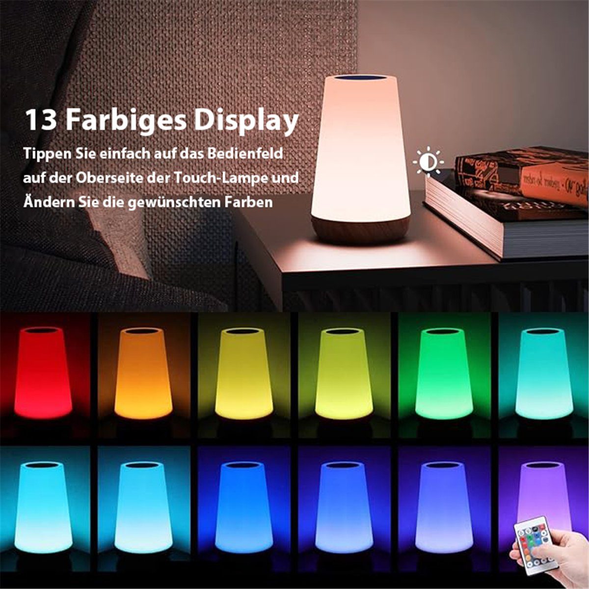 RGB-Farbwechsel LED-Nachttischlampe dimmbar mit LED und Berührungssensor, Nachtlicht K&B