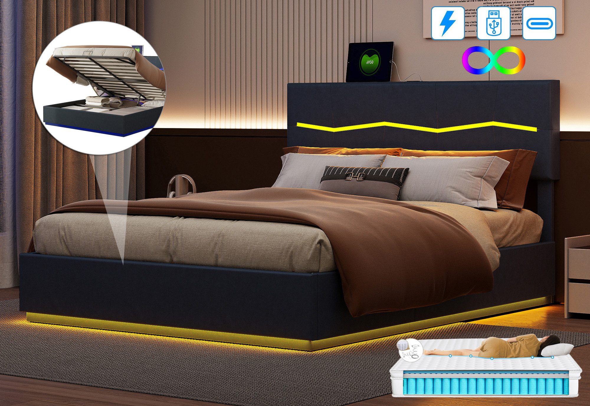 FUROKOY Polsterbett Doppelbett Stauraumbett mit USB+Type günstig online kaufen