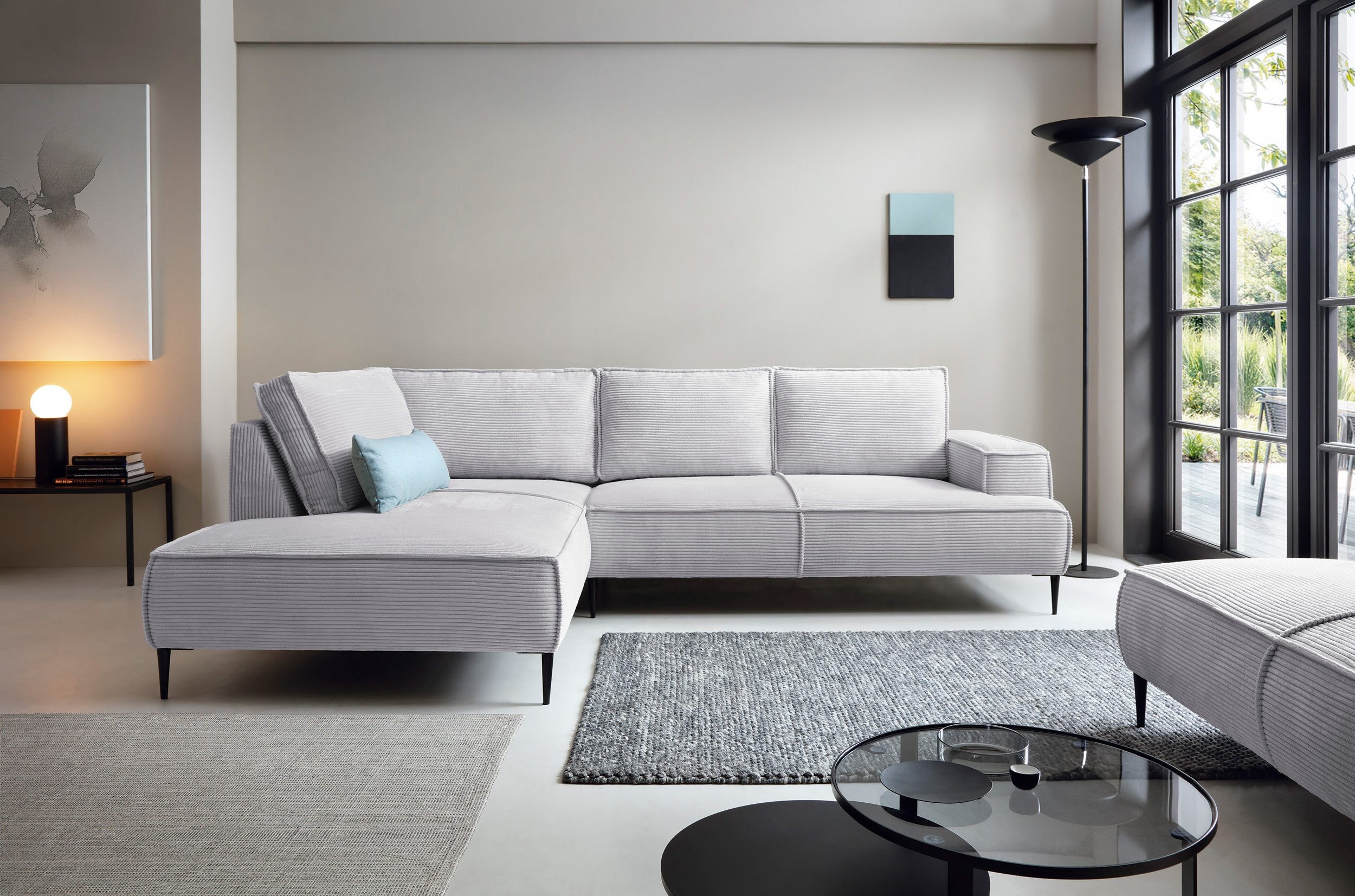 Goldstoff Ecksofa Cord VESPA L Beige – großes Wohnlandschaft Sofa L-Form, Großzügige Sitzfläche