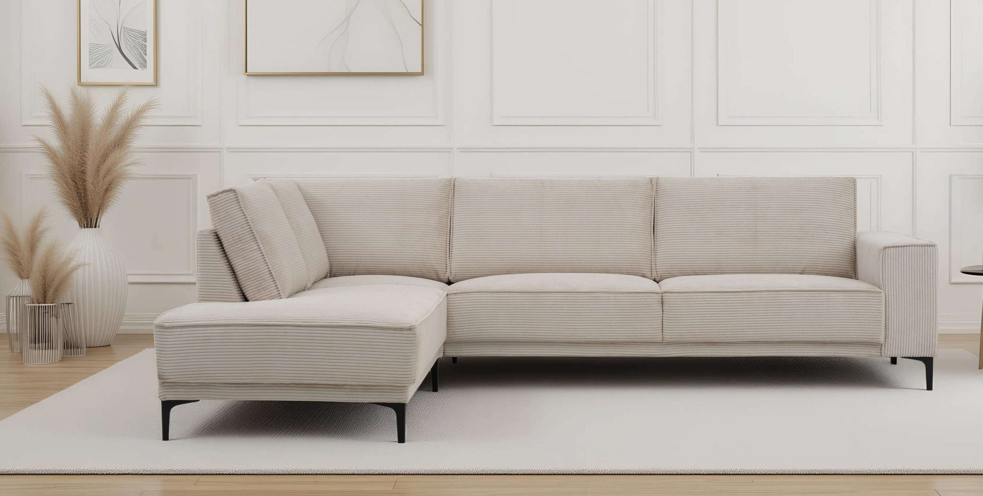 Places of Style Ecksofa Polsterecke Oland, Struktur, Flachgewebe, Luxus-Microfaser, Boucle, L-Form, 289 cm, Wellenunterfederung, Skandi-Design, Metallfüße