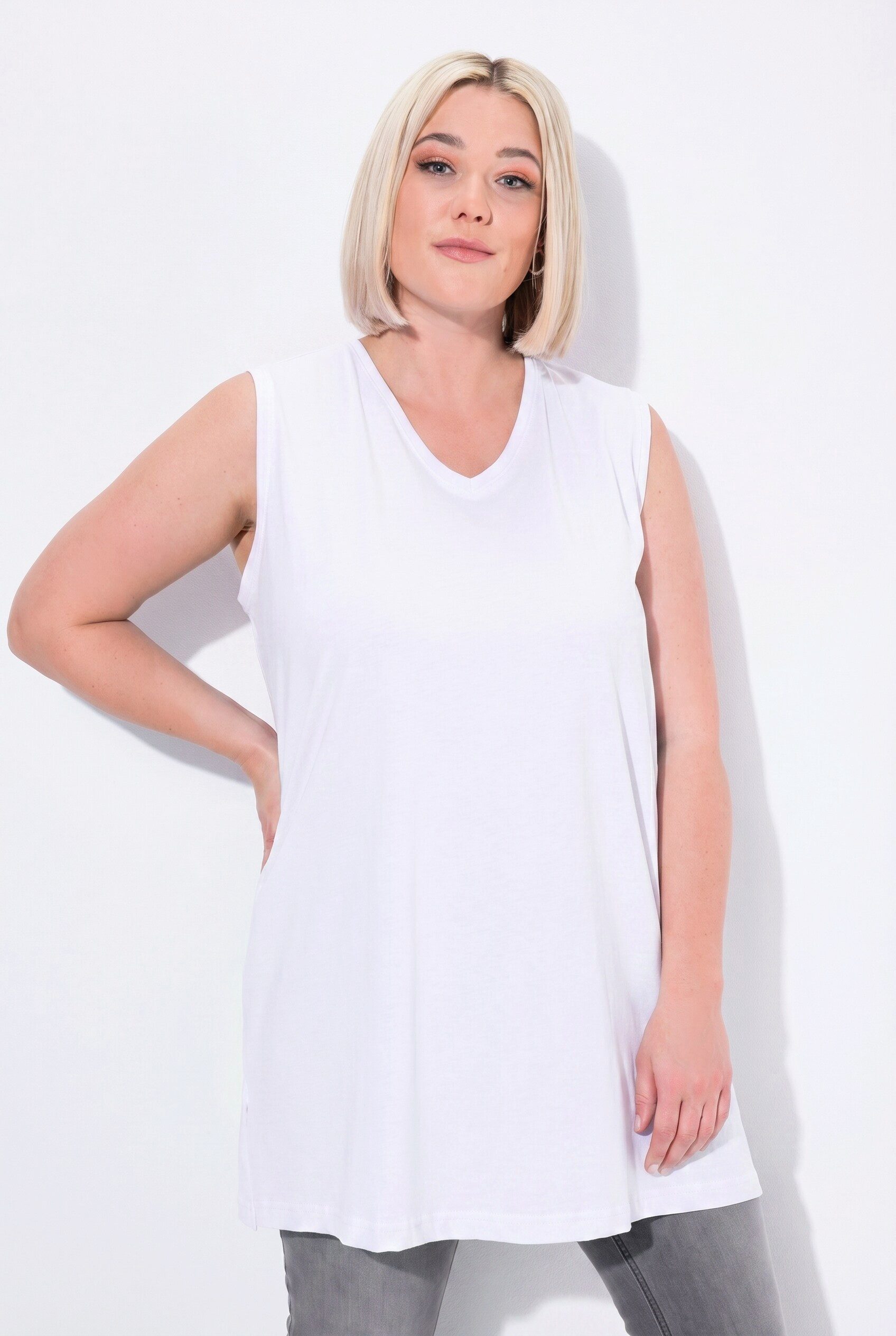 Ulla Popken Longtop Top V-Ausschnitt Relaxed ärmellos Baumwolle