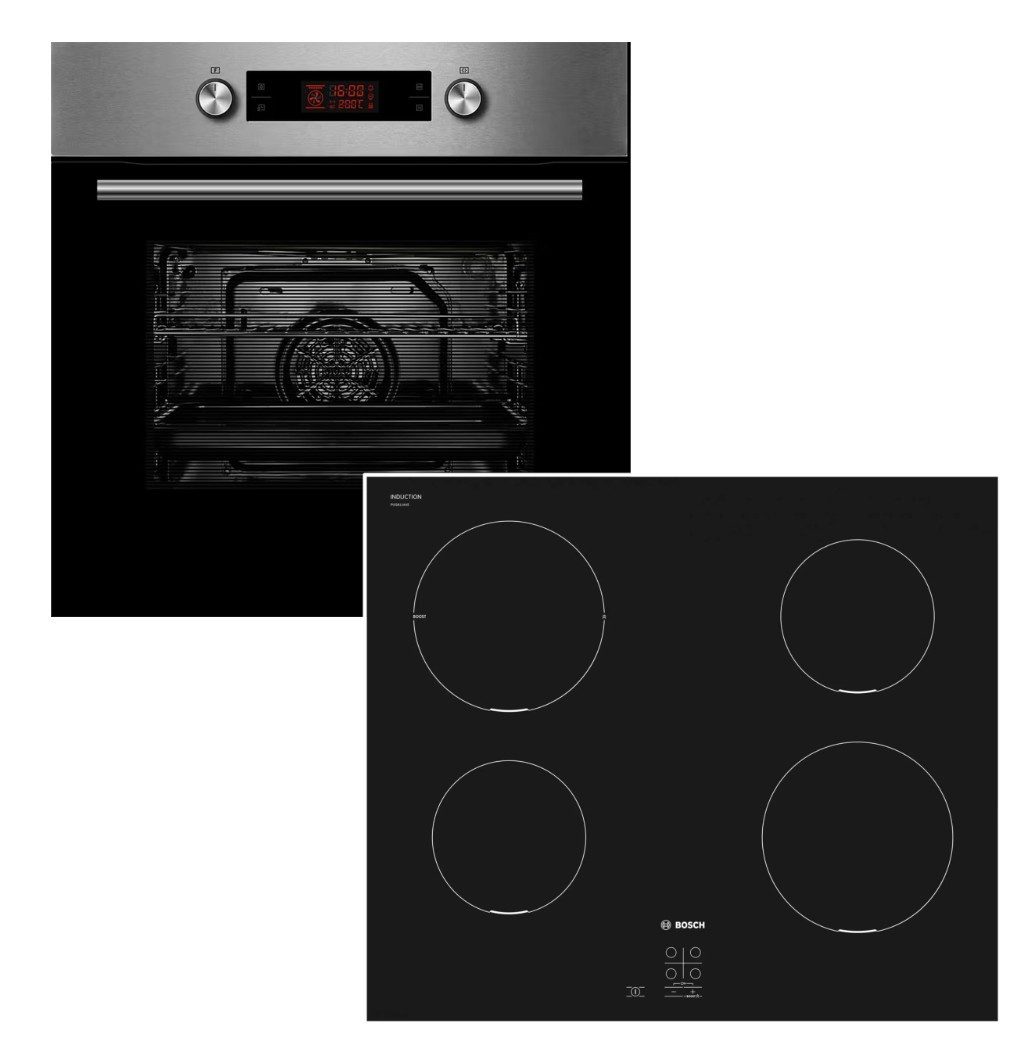 Midea Backofen-Set Backofen Pyrolyse Teleskopauszug + Bosch Induktionskochfeld Booster, mit 1-fach Teilauszug, Pyrolyse-Selbstreinigung