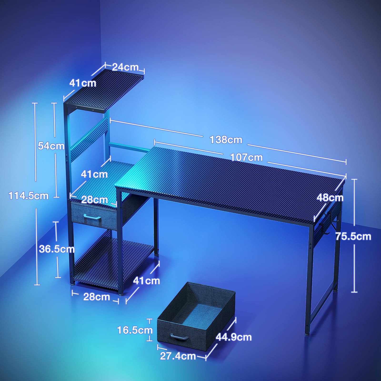 ODK Gamingtisch mit LED-Beleuchtung, Regal & Schublade in Carbon-Optik (1-St), 138 cm Computertisch & Schreibtisch