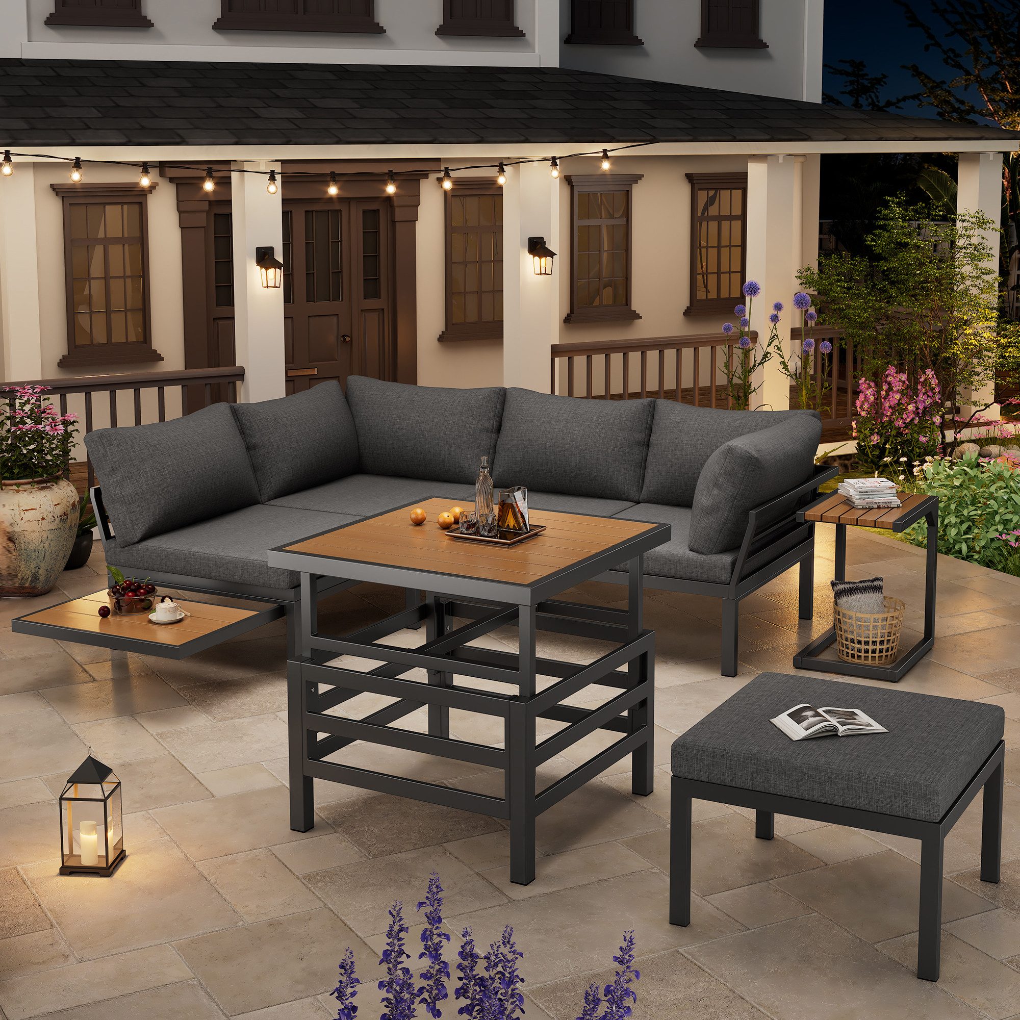 Celya Gartenlounge-Set Gartenlounges Balkon, Gartenmöbel Set für 5 Personen mit Doppelsofas, (Gestell aus verzinktem Eisen, inkl. Sitzpolster und Kissen, mit kleinem Beistelltisch, kleine Tischplatte ausziehbar), 2 Doppelsofas plus 1 Fußhocker, 1 Kunststoff-Plattenhubtisch