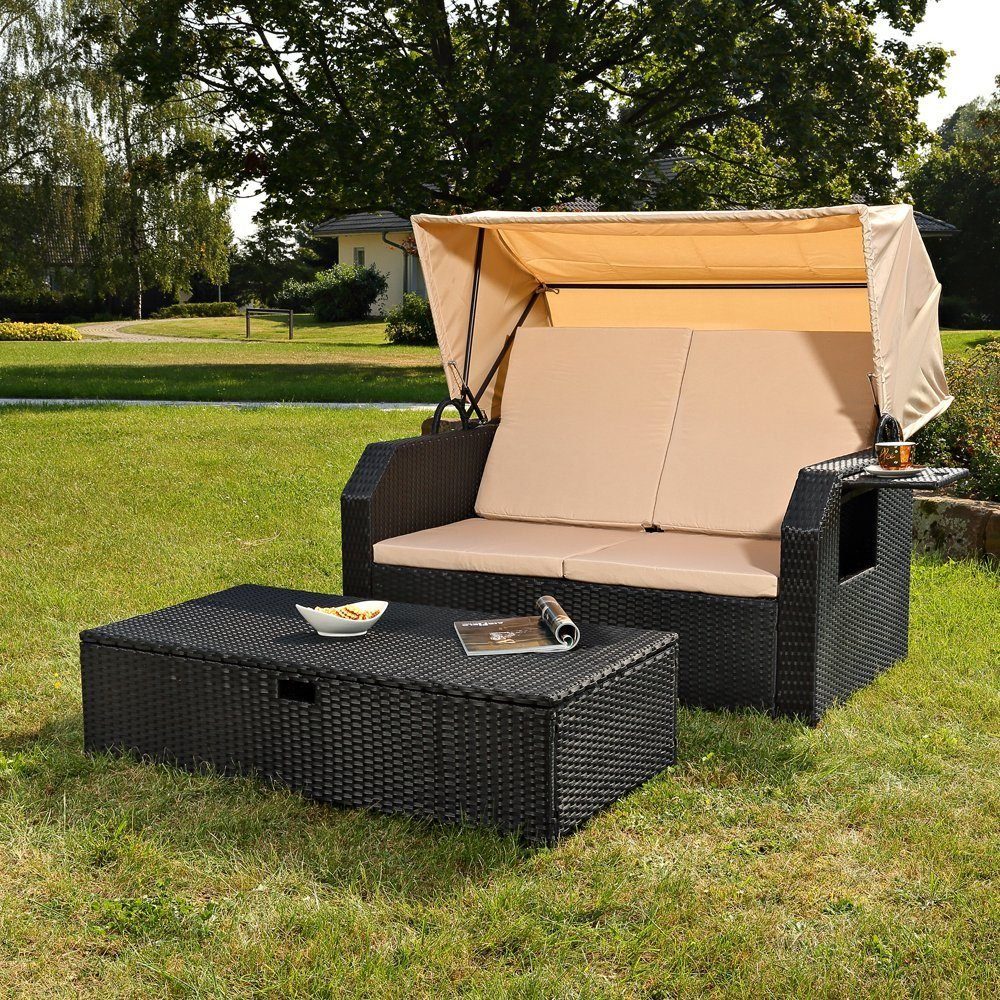 Braun Melko Sonnenbett/Strandkorb/Lounge aus Polyrattan klappbaren Seitentisch +verstellerbarer Rückenlehne Faltbare Sonnenschutzdach inkl 