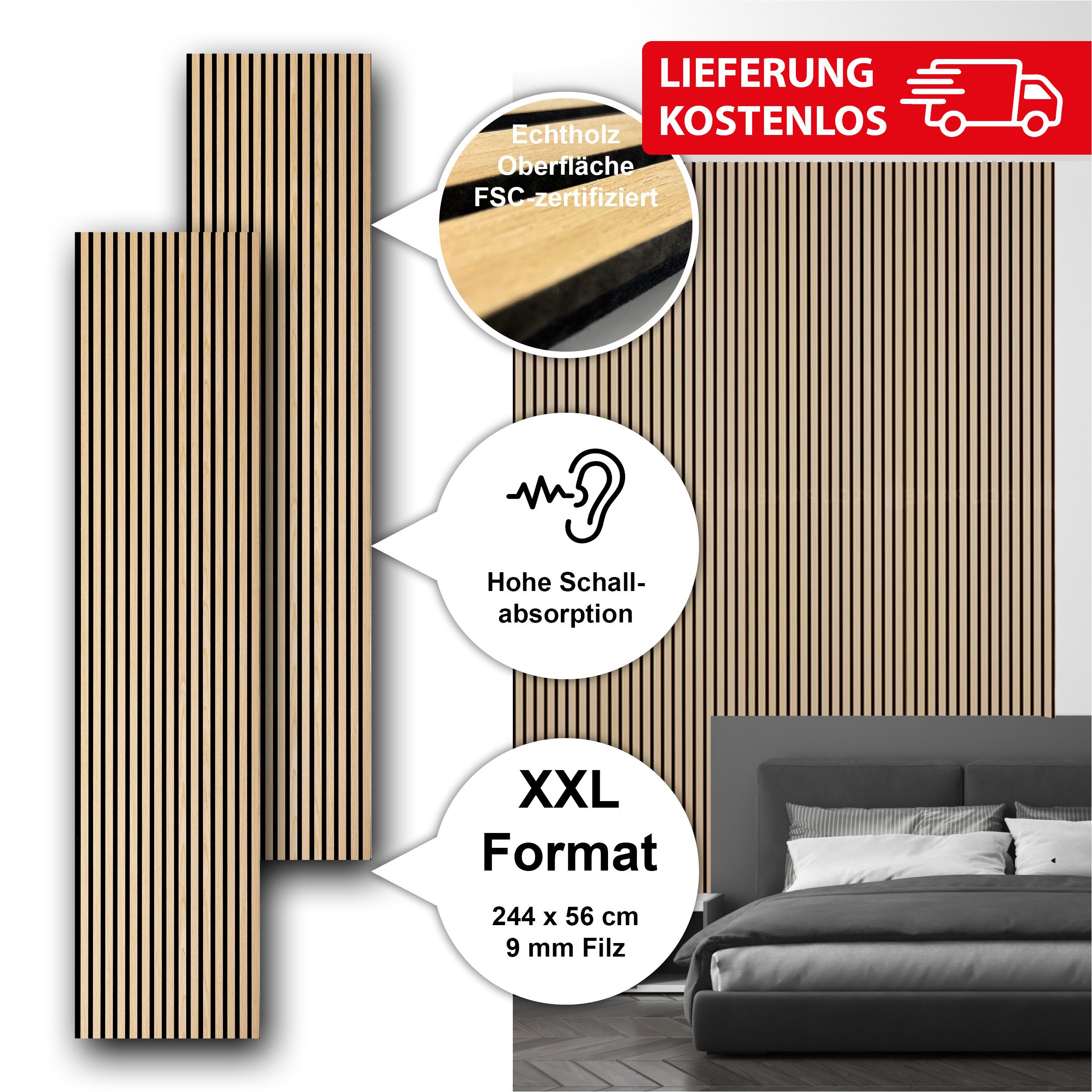 SONIDO Wandpaneel Sparset XXL Premium Akustikpaneele mit Eiche Echtholzoberfläche, BxL: 56,00x244,00 cm, 1,36 qm, (Sparset mit 2, 3 oder 4 Paneelen, 2-tlg., Ver – Bild 2 von 5