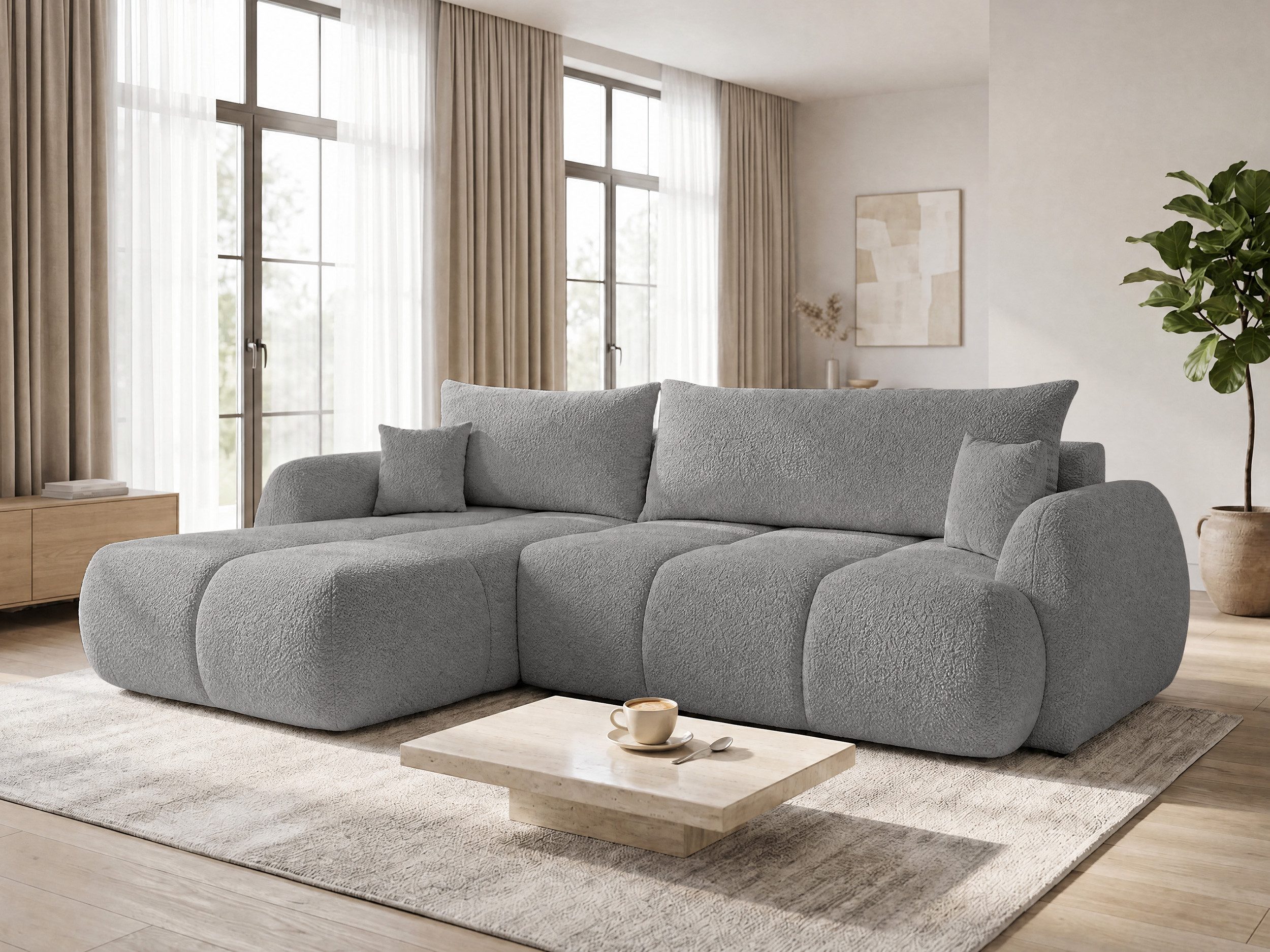 Sofnet Ecksofa Loria, mit Schlaffunktion und Bettkasten, Weiches Schlafsofa mit Wellenfeder, L-Form Couch, Bouclé