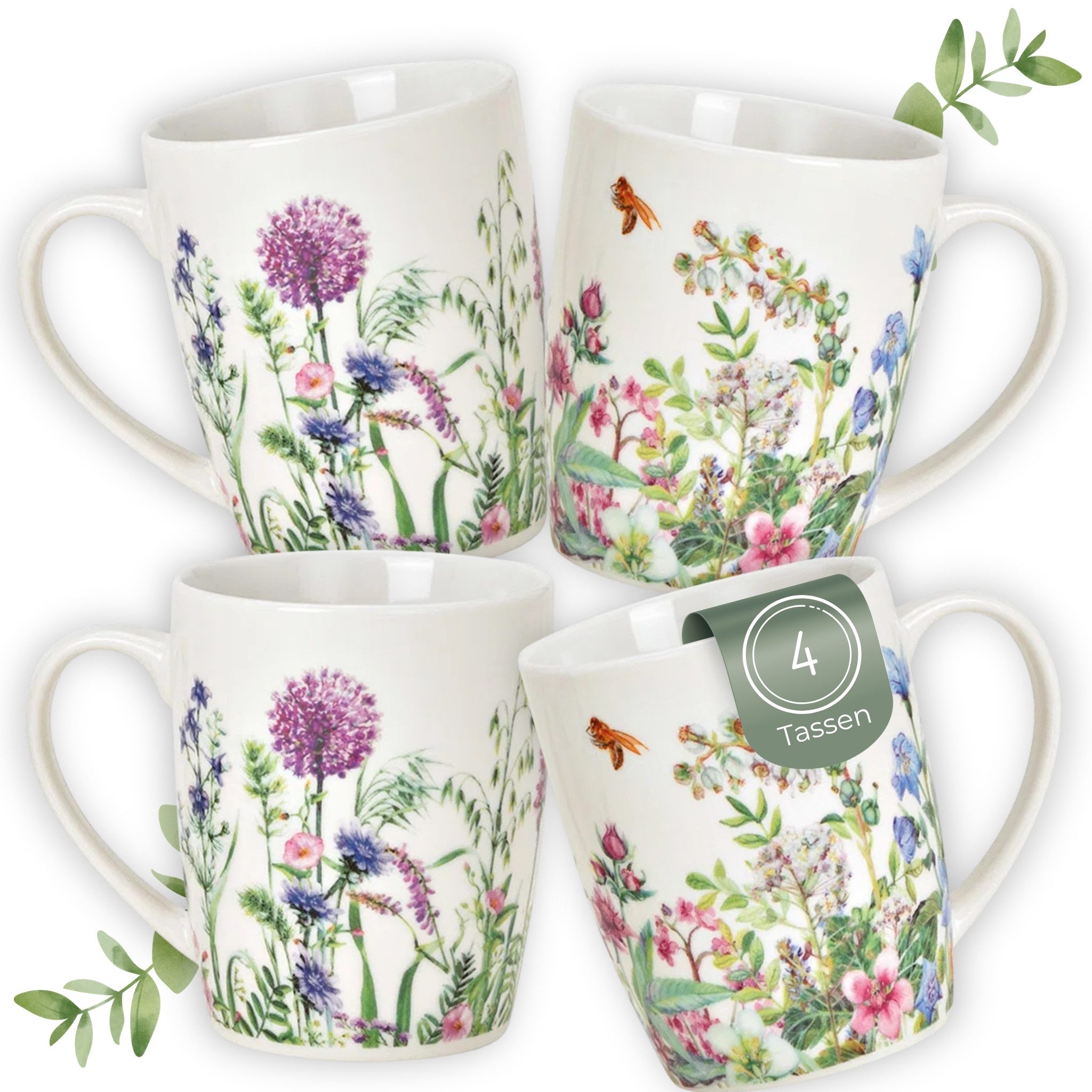 matches21 HOME & HOBBY Tasse Kaffeetassen 4er Set Wiesen-Blumen Frühling Sommer 8 cm, 300 ml, 4-tlg., Porzellan, Spülmaschinenfeste Vintage Tee Kaffee-Becher weiss bunt