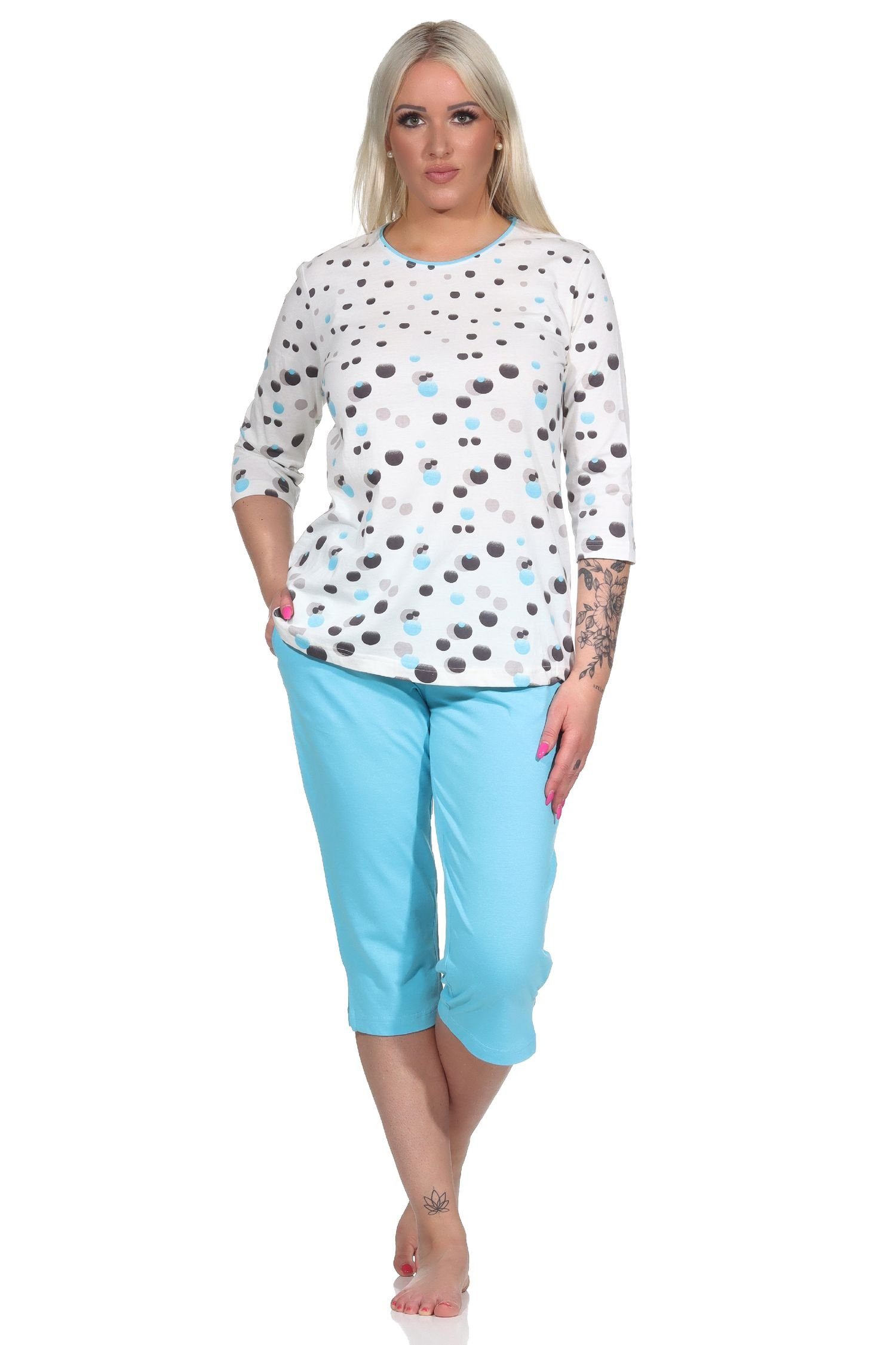 Normann Pyjama Damen kurzarm Capri Schlafanzug in Tupfen Optik - auch in Übergrößen blau
